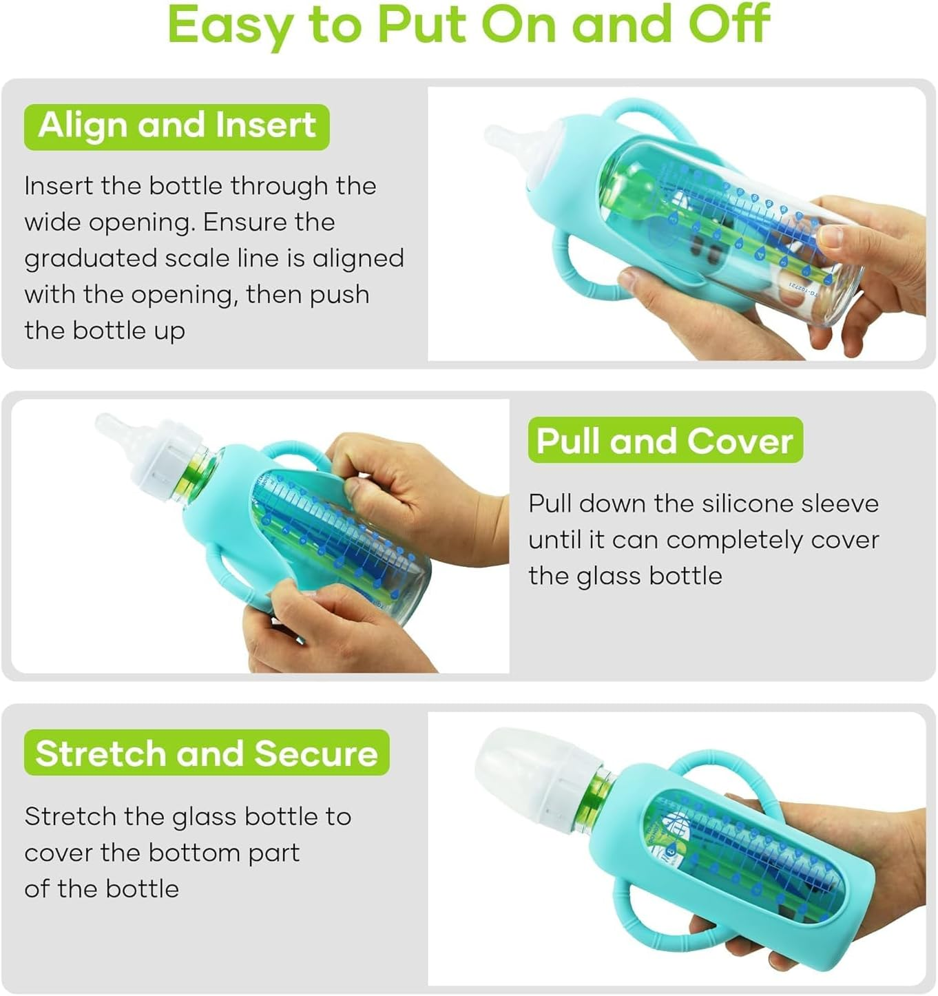 4 Pack Silicone Sleeves for Dr. Brown'S Glass Bottles 4OZ - anti Breakage Baby Bottle Holder, Compatible with Dr. Brown'S Glass Bottles for Babies (8OZ with Handle) image number 6