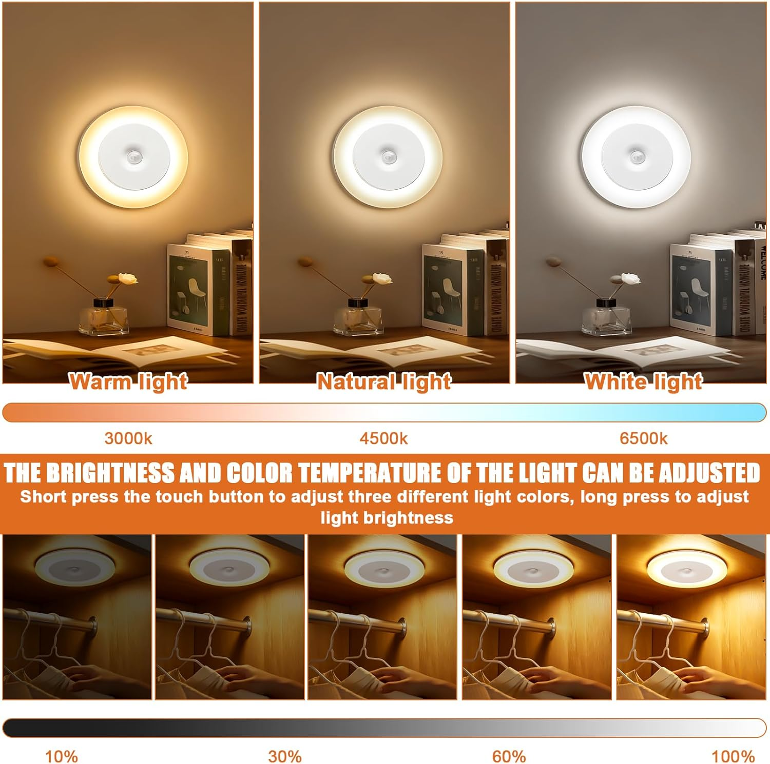 Pack of 4 Night Lights with Motion Sensor, 3 Colour Temperatures Children Continuously Dimmable, Magnetic Rechargeable Night Light, Twilight Sensor, LED Night Light Children for Bedroom, Hallway image number 4