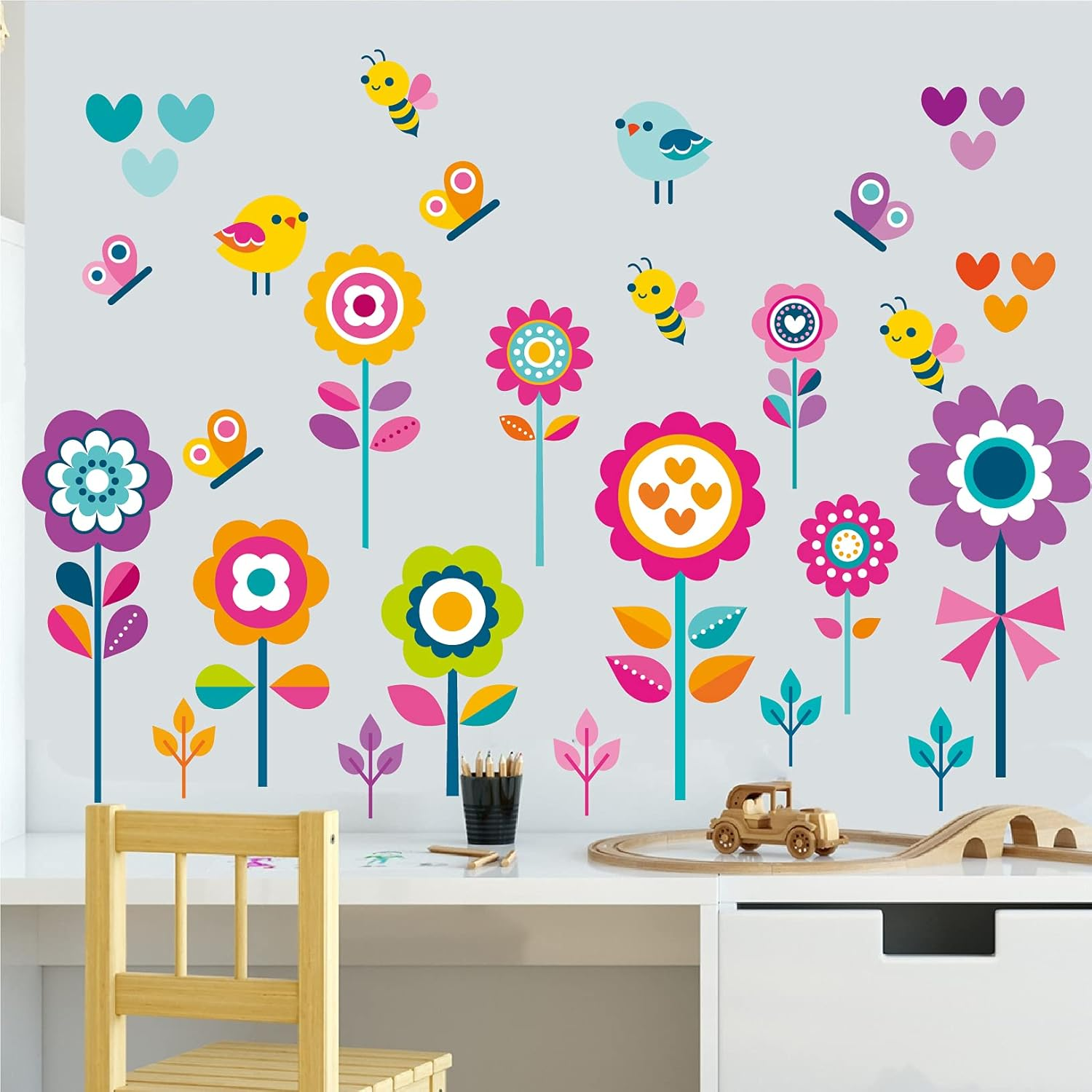 Flowers Wall Stickers for Kids Bedroom -Butterfly Bee Floral Wall Decals for Girls Room,Classroom,Nursery, Playroom- Removable DIY Peel and Stick Wall Art Decor image number 4