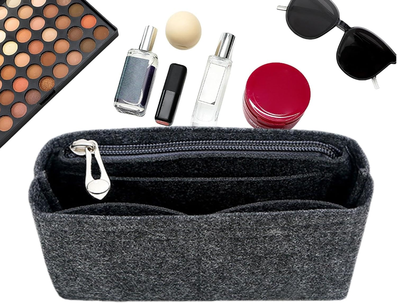 Daooibpa Bag Insert Organizer, Felt Purse Insert Organizer with Zipper, Tote Liner Insert, Multi-Pocket Felt Handbags Organizer for Insert Wallet Organizer image number 2