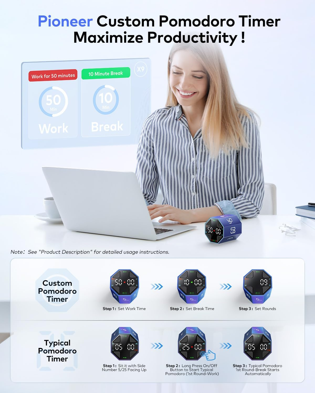 Ticktime Pomodoro Timer Cube, Custom Pomodoro, Pause & Resume, Silent, Vibrate & Adjustable Sound Alert, for ADHD, Task, Work, Study, 3/5/10/15/30/45/60Min & Custom Countdown, Blue