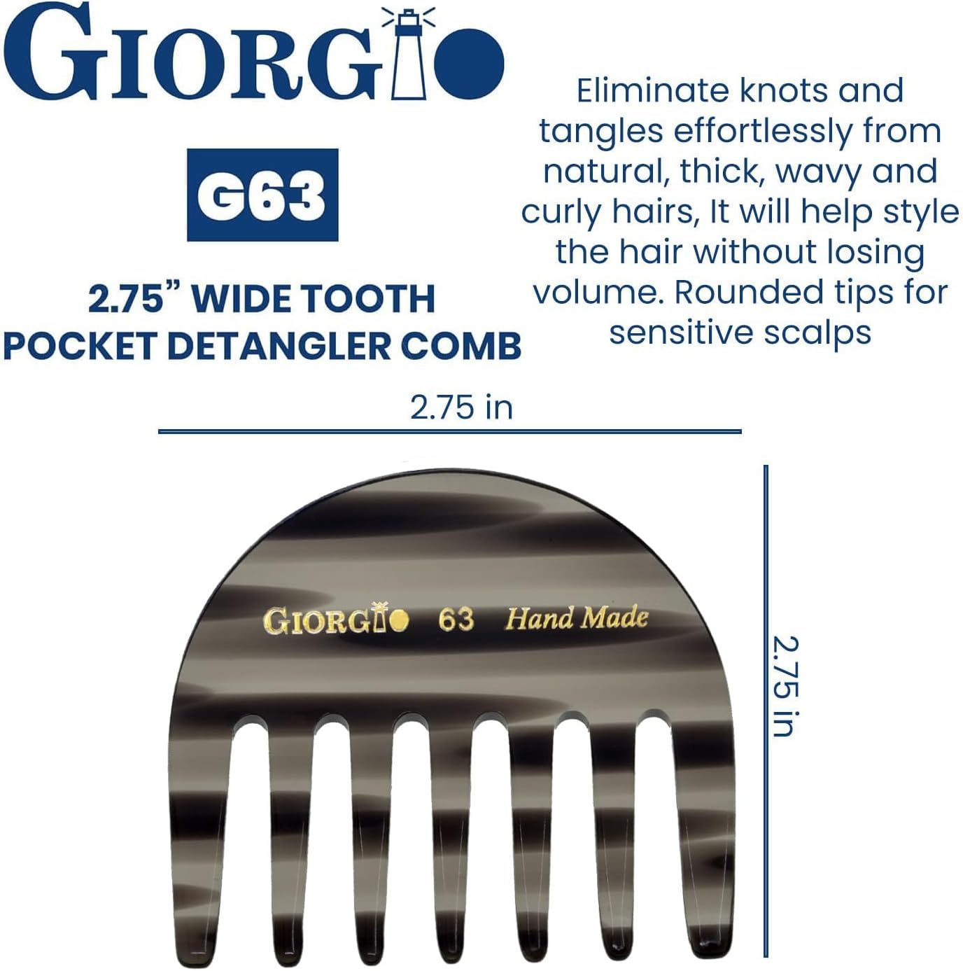 Giorgio G63 Graphite Detangling Comb for Women - Wide Tooth, Pocket and Travel Size for Thick Hair, Wet or Dry Everyday Hair Care. Handmade, Saw-Cut, and Polished Wide Tooth Comb for Women. image number 5