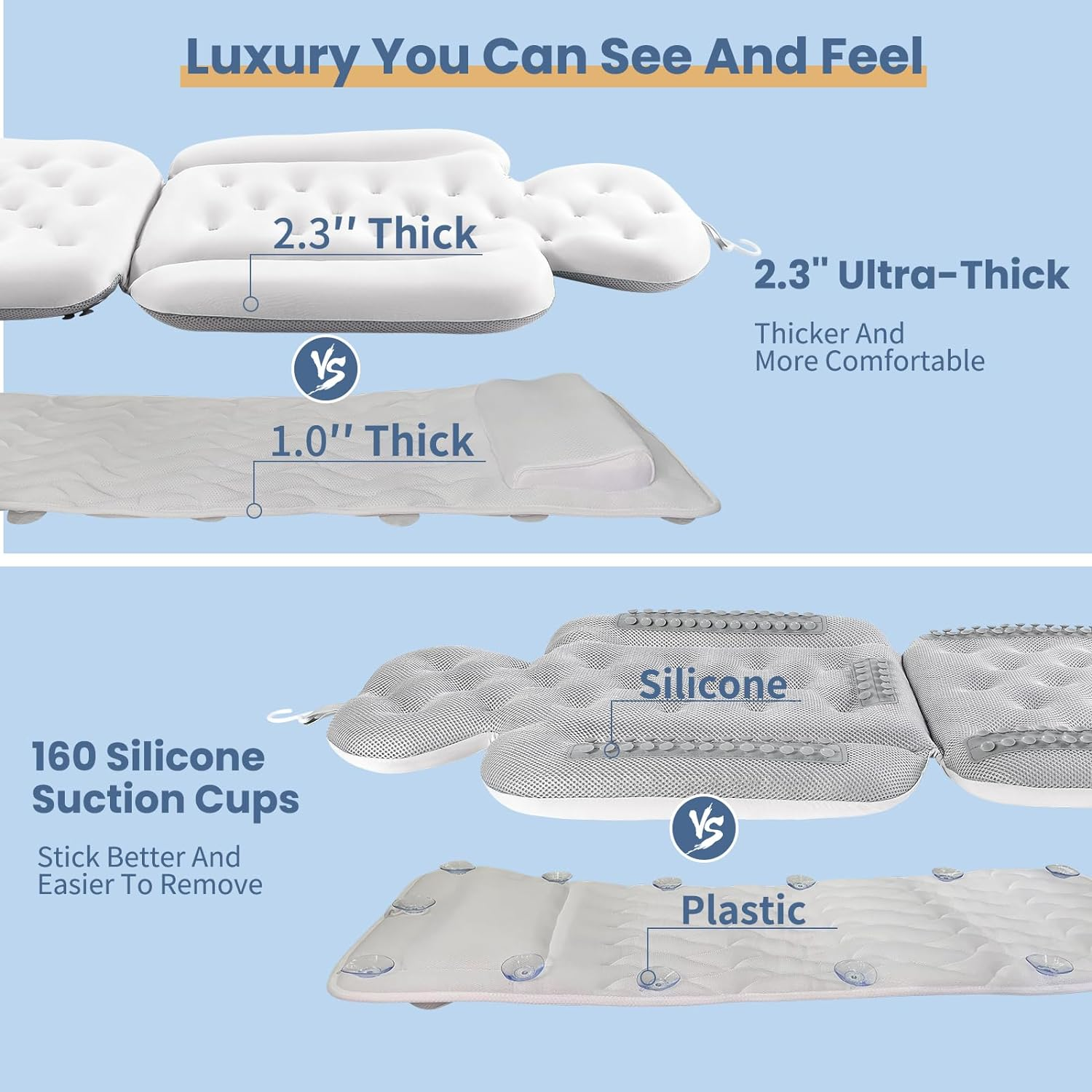 Bathtub Pillow Full Body, Luxury Bath Cushion for Tub with 160 Suction Cups, Bath Mat for Head and Neck Support with Laundry Bag White (51.2" X 16.2") image number 5