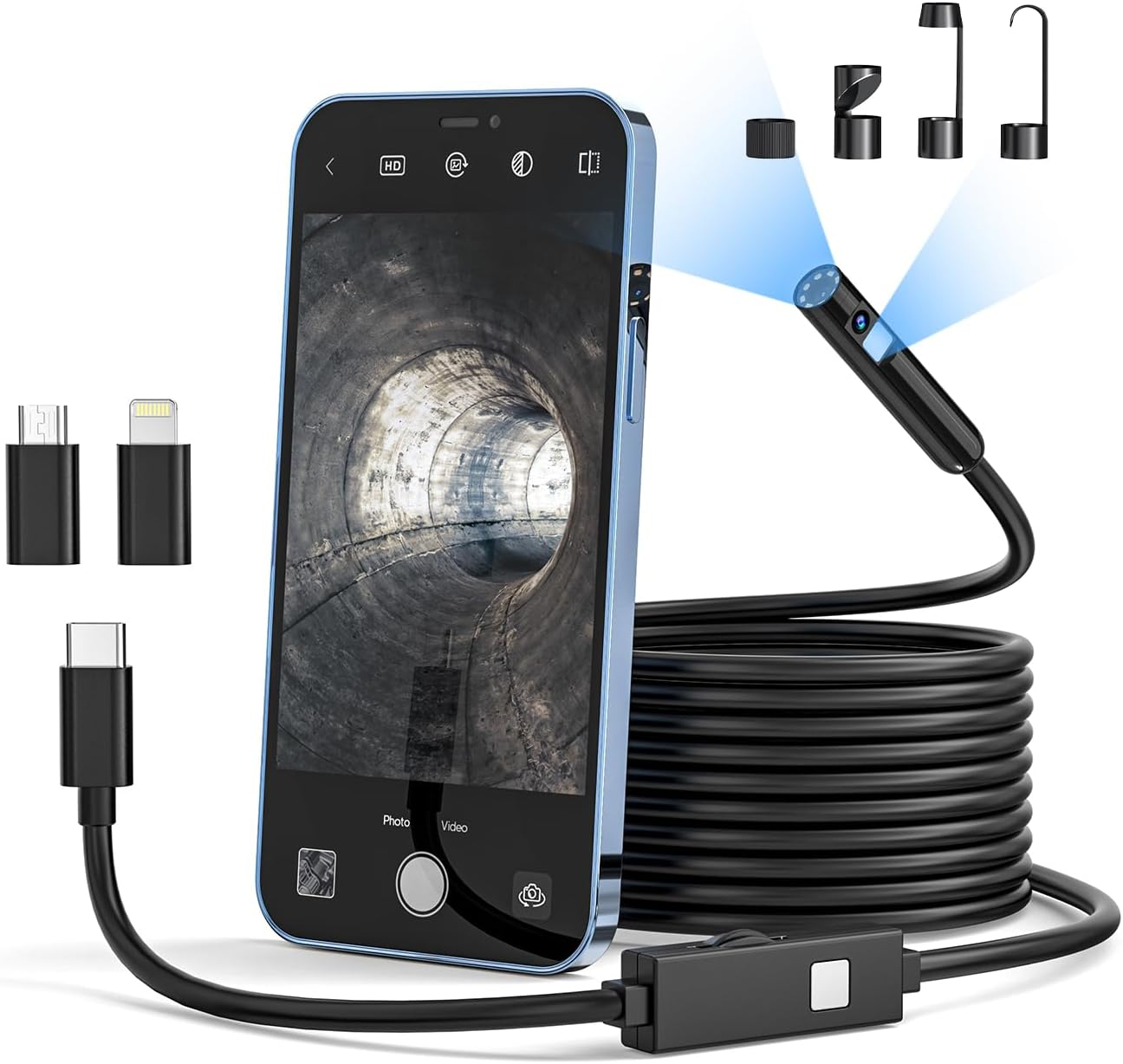 Endoscope Camera, Inspection Camera with Dual-Lens, 1920P HD Borescope IP67 Waterproof Draincamera for Ios and Android Phone, 8+1 Adjustable Leds, Semi-Rigid Sewercamera for Automotive 5M/16.4Ft image number 3