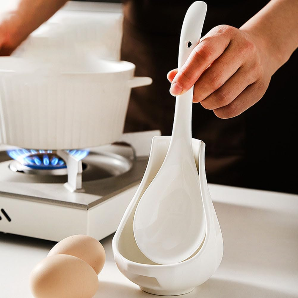 Ceramic Spoon Rest Set, 2-Piece White Ladle Holder for Kitchen Counter, Cooking Utensils Stand, Farmhouse Decor, Soup Scoop and Condiment Spoon Storage image number 4