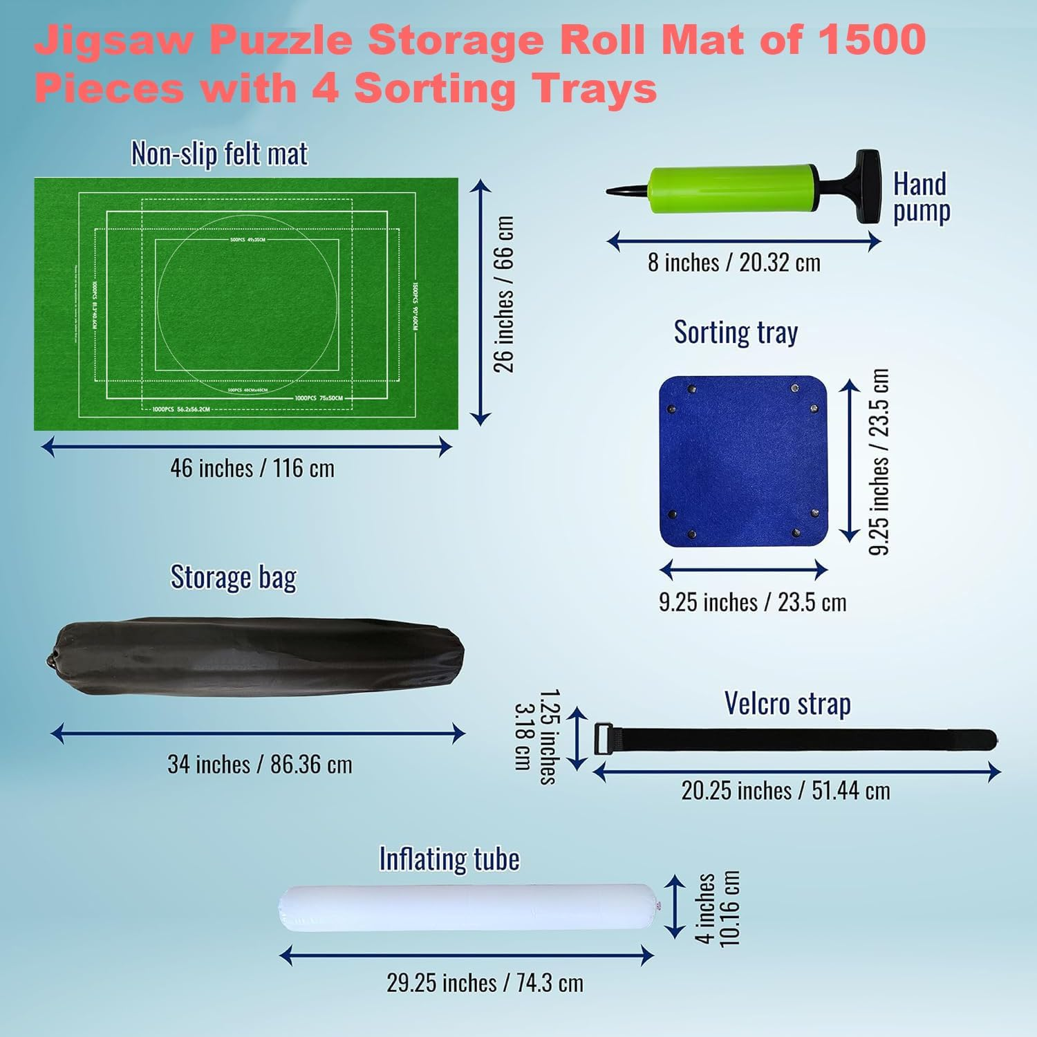 Taicols Jigsaw Puzzle Storage Roll Mat of 1500 Pieces with 4 Sorting Trays,Store Puzzle for Next Play, Jigsaw Puzzle Mat Roll Up, Jigsaw Puzzle Roll Mat Board Felt Mat Inflatable Tube Inflator (Black) image number 6