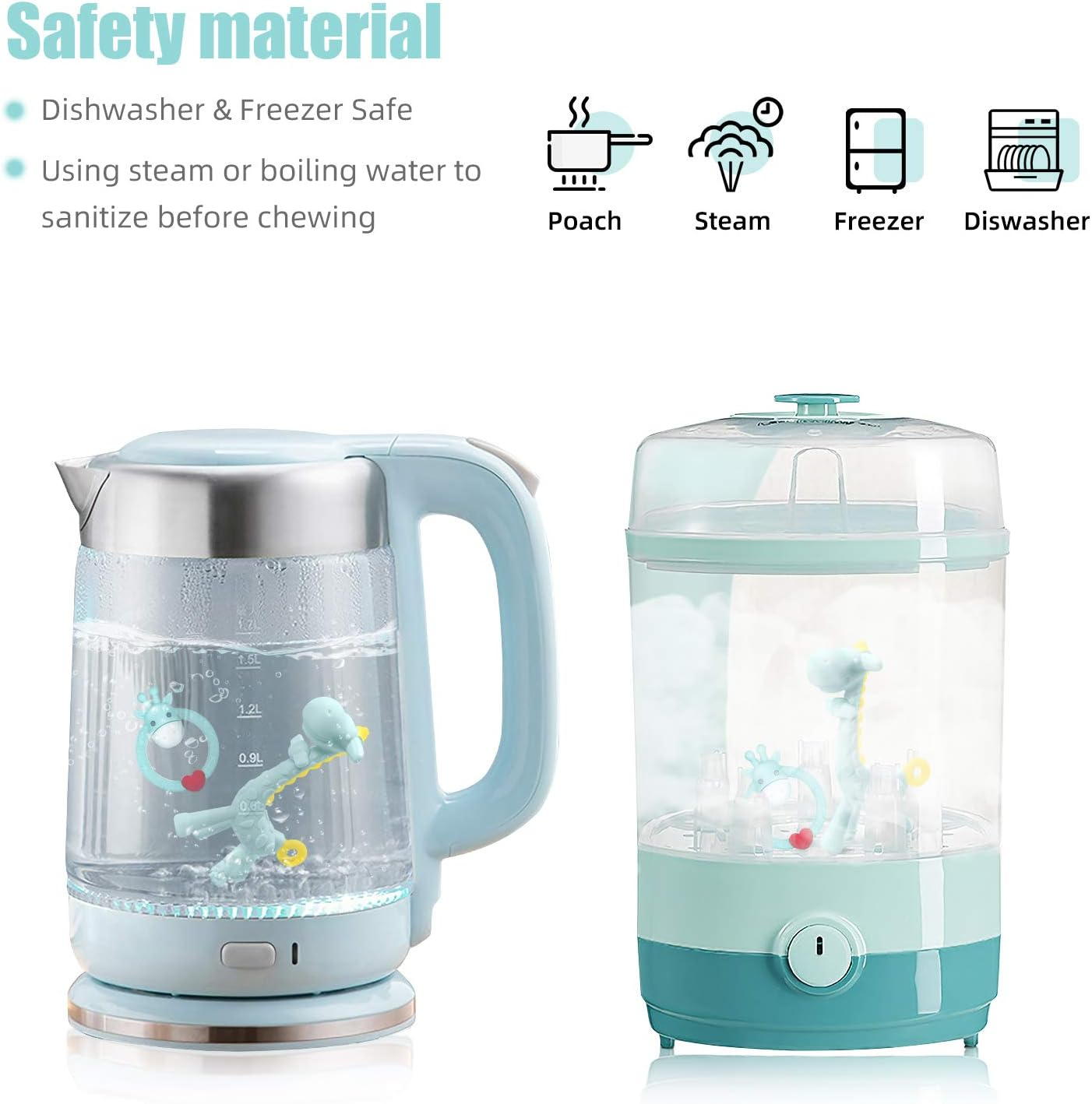 SHARE&CARE BPA Free 2 Silicone Giraffe Baby Teether Toy with Storage Case, for 3 Months above Infant Sore Gums Pain Relief, Set of 2 Different Teething Toys (Blue) - Blue image number 6