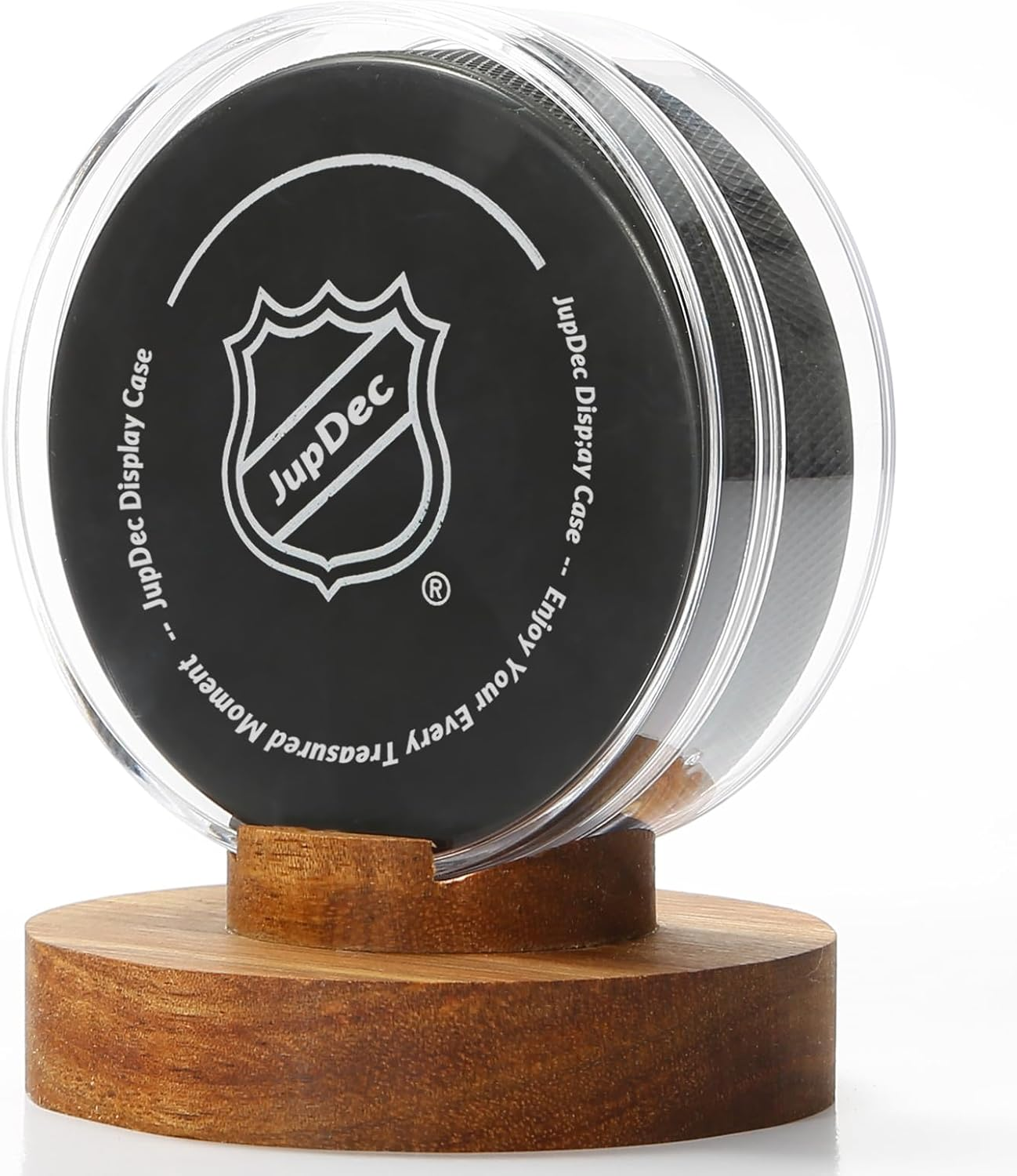 Jupdec Hockey Puck Display Case Acrylic Clear Holder with Wood Base, Autograph Souvenir Display Stand, Perfect Showcase for Your Collection, Brown, 1 Pack image number 4