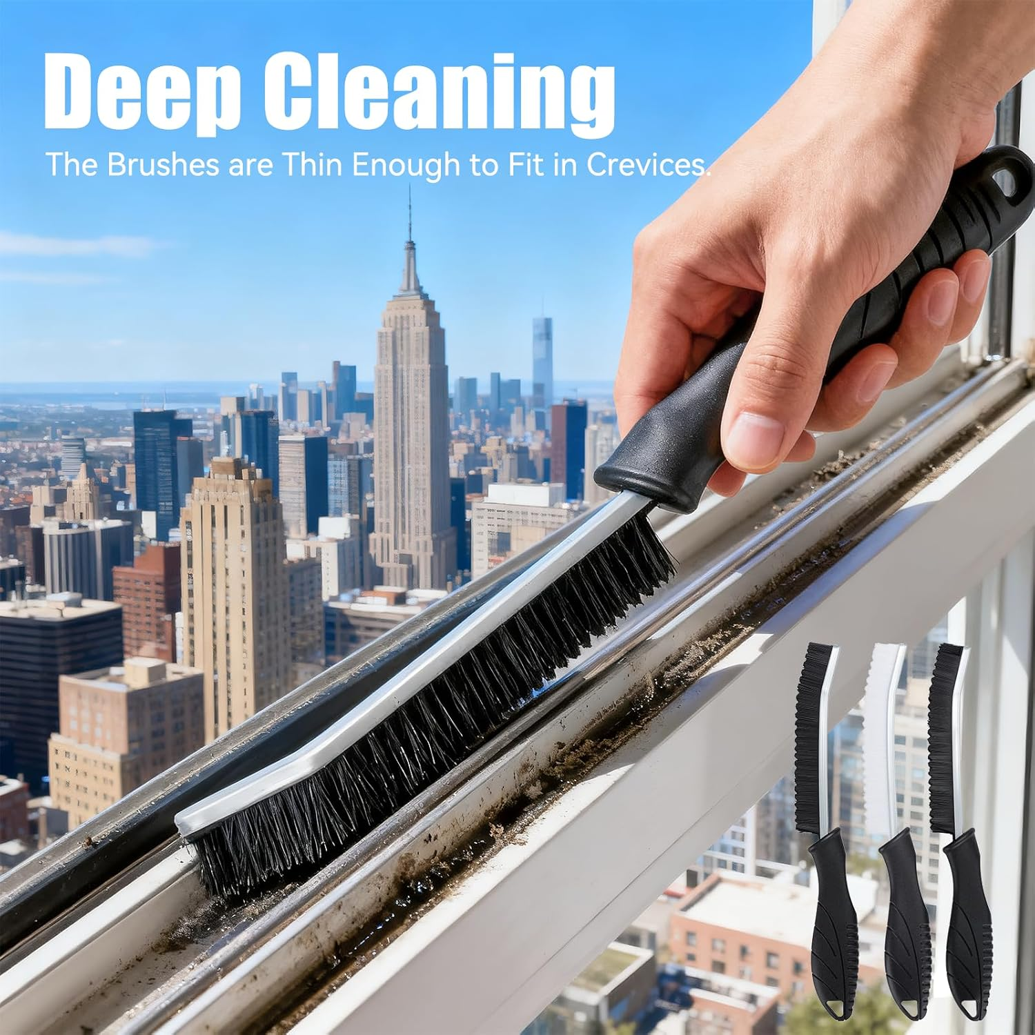 Shingidea 3 Pack Crevice Cleaning Brushes - Hard Bristle Scrub for Hard-To-Reach Spaces Bathroom, Kitchen, Toilet, Car Ergonomic Handle Gaps, Grout Lines, Window Tracks (2Black and 1White) image number 3