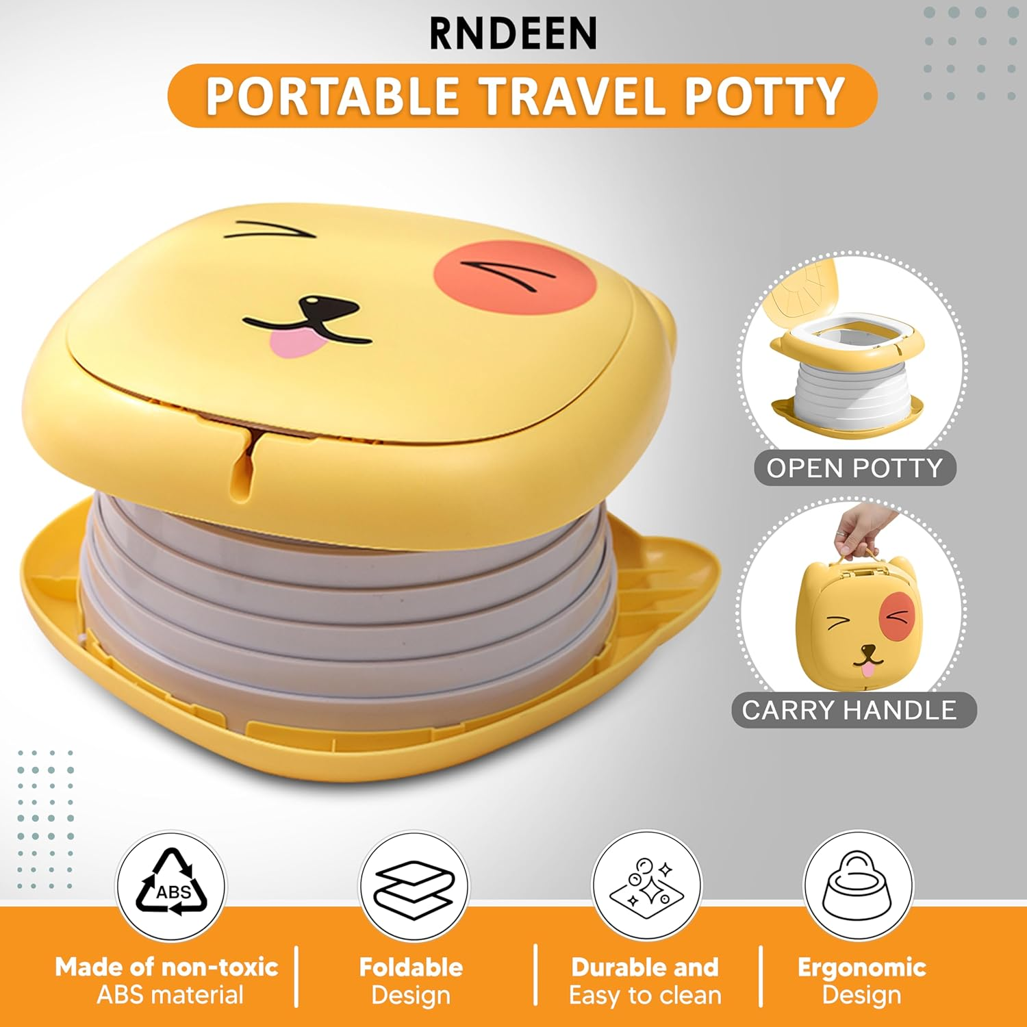 Rndeen Portable Travel Potty for Baby & Toddlers (0-4 Years)-Foldable,Comfortable Emergency Toilet Seat with Storage Bag,Convenient to Keep Clean & Carry&ndash;Ideal for Car,Camping,Park & Travel (Yellow)