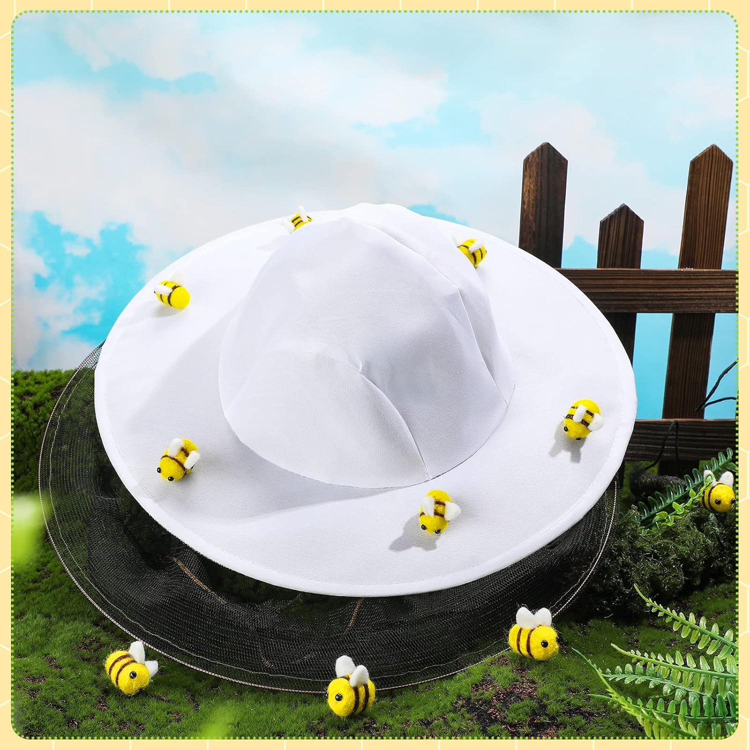 Unittype 22 Pcs Beekeeper Set Including 2 Bee Hat and Veil, 10 Wool Felt Bee, 10 round Double Sided Tape Beekeeping Helmet Bug Insect Hats with Netting for Beekeeper Catcher Halloween Costume image number 5