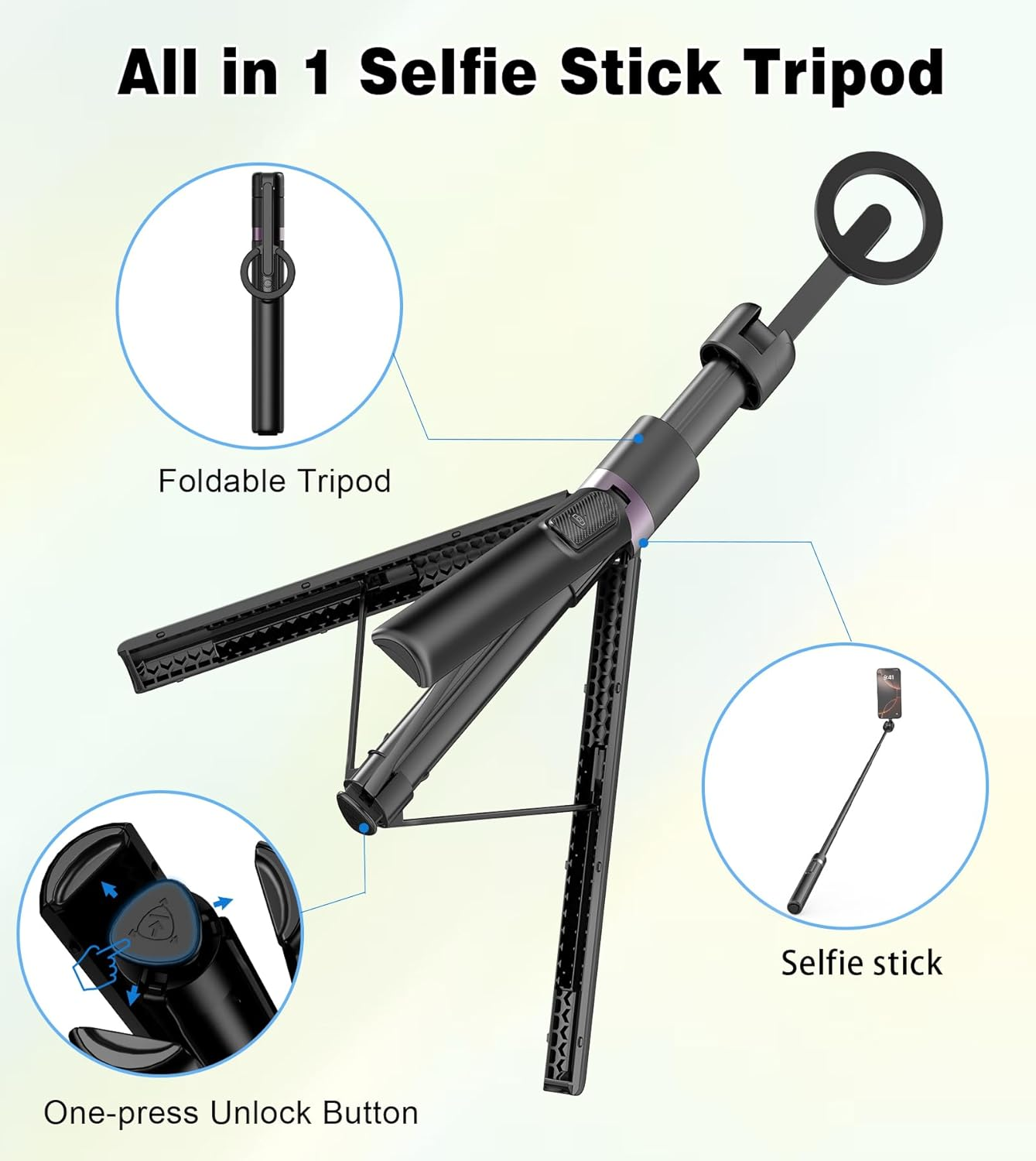 TONEOF 68" Selfie Stick Tripod with Aluminum Strong Magnetic Holder Fit for Magsafe, 360&deg; Rotatable Travel Phone Tripod Stand with Rechargeable Remote Compatible for Iphone/Android（Black） image number 3