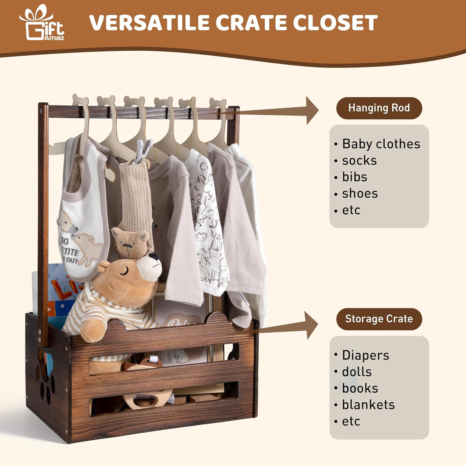 Giftamaz Brown Wooden Baby Gift Crate Closet Basket, Baby Welcome Box, Storage Crate with Handle, Bear Paw Pattern, Natural Finish image number 4