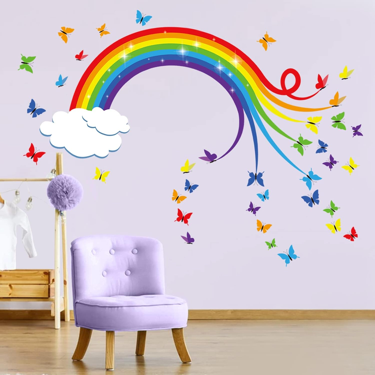 Decalmile Rainbow Wall Decals Colourful Butterflies Cloud Wall Stickers Baby Nursery Kids Bedroom Living Room Wall Decor image number 3