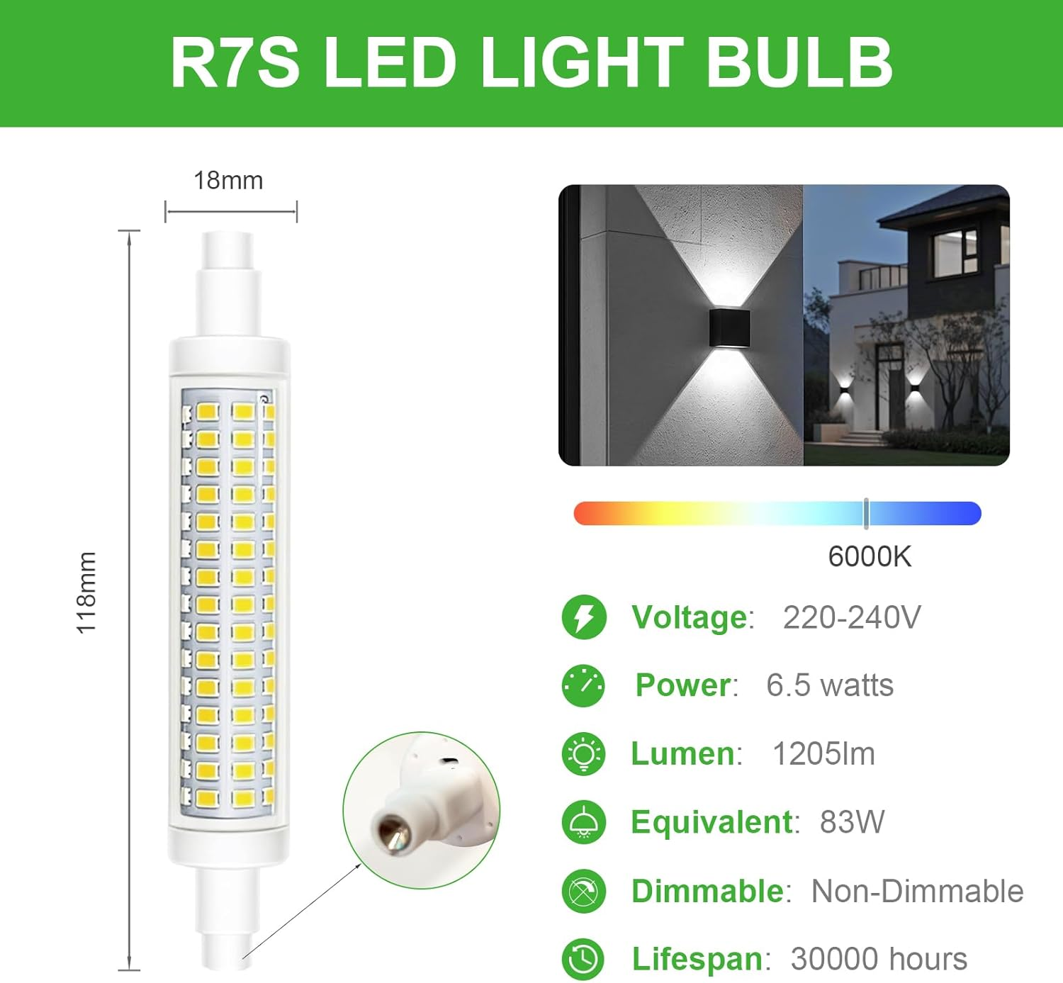 GY Class B R7S LED Light Bulb 6.5W 230V 1205 Lumen, Cool White 6500K, 6.5Eq.100W, Energy Saving Non-Dimmable Light Bulb - Ideal for Desk Lamps, Ceiling Lighting and Projectors, Pack of 2