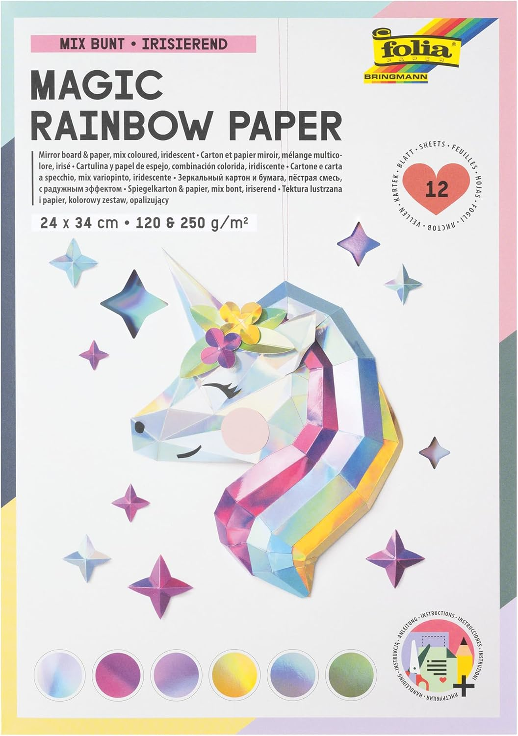 Folia 12049 Magic Rainbow Paper Pad, 12 Sheets of Iridescent Craft Paper 24 X 34 Cm, 120 & 250 G/M&sup2; image number 2