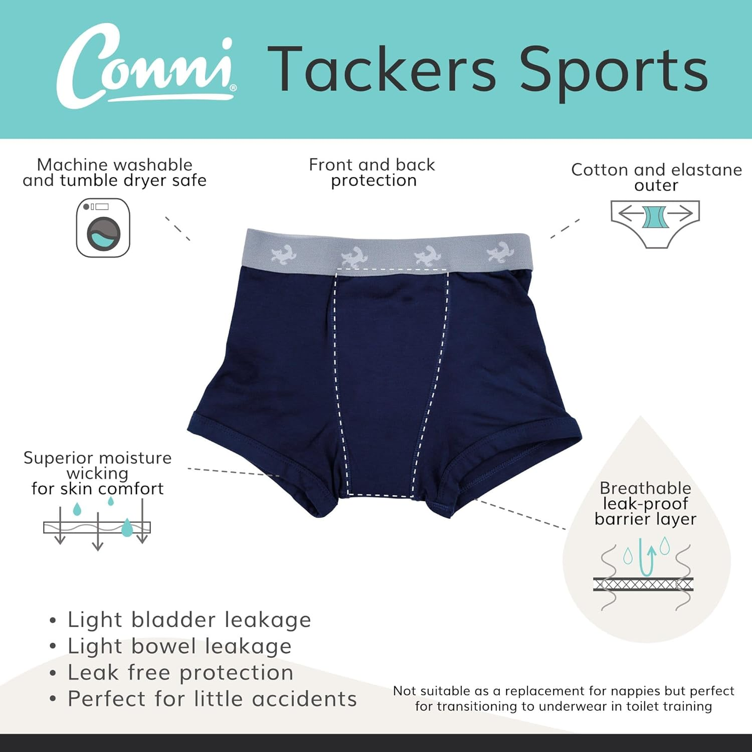 Conni Kids Tackers Sports Washable Pull up Boxer Pants for Toilet Training and Youth Incontinence - 3 Pack - Navy 4-6