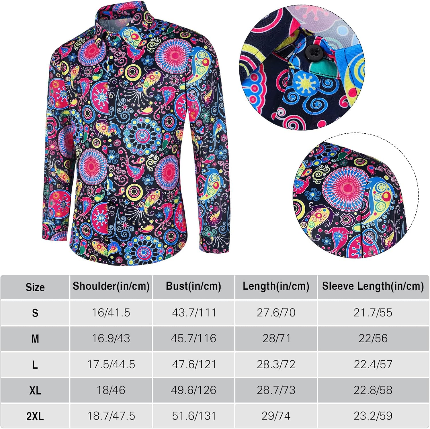 4 Pcs Mens 70S Disco Costume Set Disco Casual Paisley Top Floral Vintage Long Sleeve Shirt for 70S Disco Party Christmas Prom image number 3