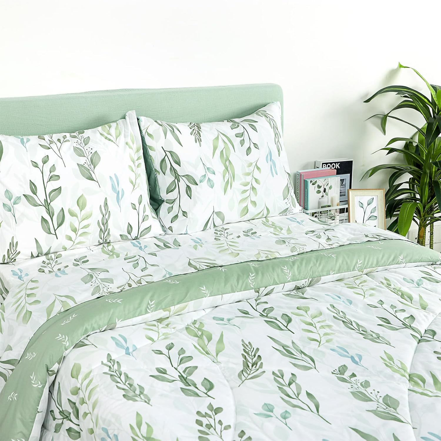 DILIMI Twin Comforter Set for Girls, Reversible 5 Pieces Comforter Twin Size Bed, Green Leaf Ultra Soft Twin Bedding Sets with Comforter, Flat Sheet, Fitted Sheet, 2 Pillowcase - Green Leaf image number 6