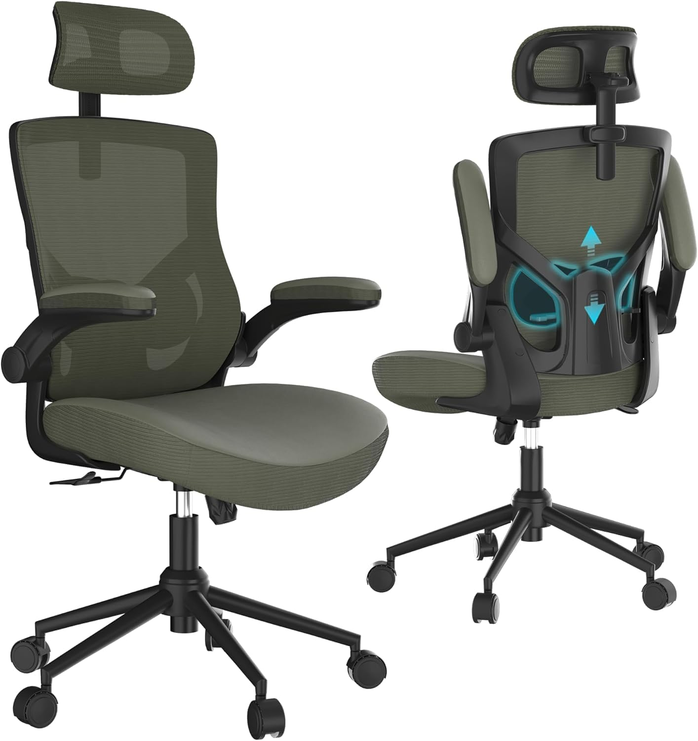 , Ergonomic Mesh Desk Chair, High Back Computer Chair- Adjustable Headrest with Flip-Up Arms, Lumbar Support, Swivel Executive Task Chair (Modern, Hunter Green) - Beige image number 4