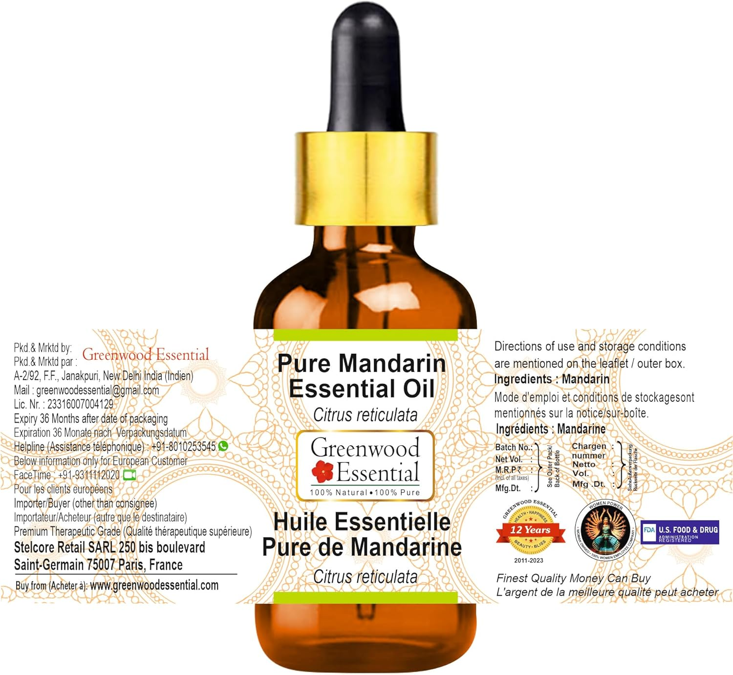 Greenwood Essential Pure Mandarin Essential Oil (Citrus Reticulata) with Glass Dropper Steam Distilled for Personal Care 50Ml (1.69Oz) image number 5
