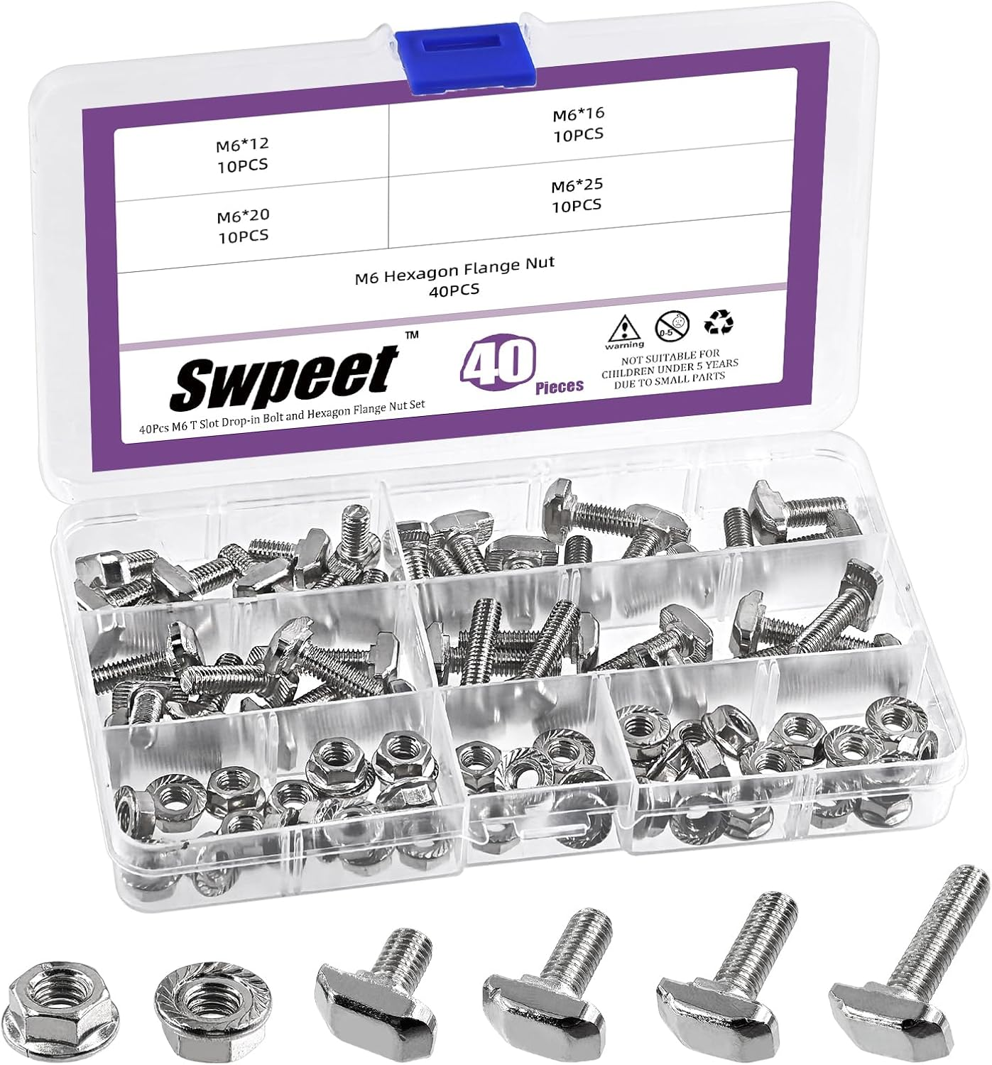 Swpeet 80Pcs 4 Sizes European Standard 30 Series M6 X 12/16/20/25Mm T Slot Drop-In Bolt and Nickel M6 Flange Nut Assortment Kit, Thread T Slot, Drop-In Bolt T-Bolt, Hammer Head Bolt, T Screw Stud image number 3
