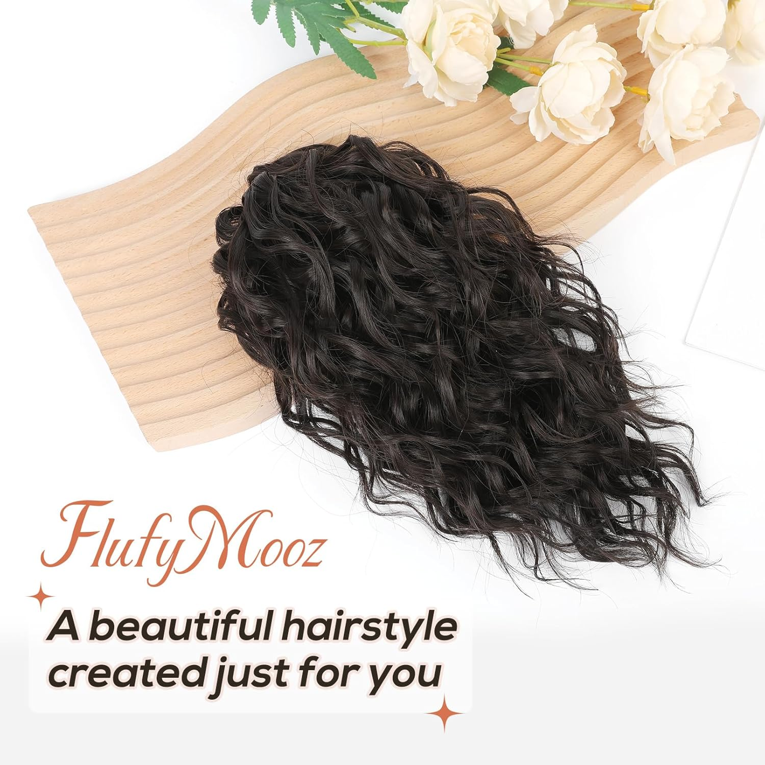 FLUFYMOOZ Ponytail Extension, 12" Short Claw Ponytail Extension Wavy Curly Jaw Clip in Pony Tails Hair Extension Natural Synthetic Hairpiece for Women (Black Brown) image number 1