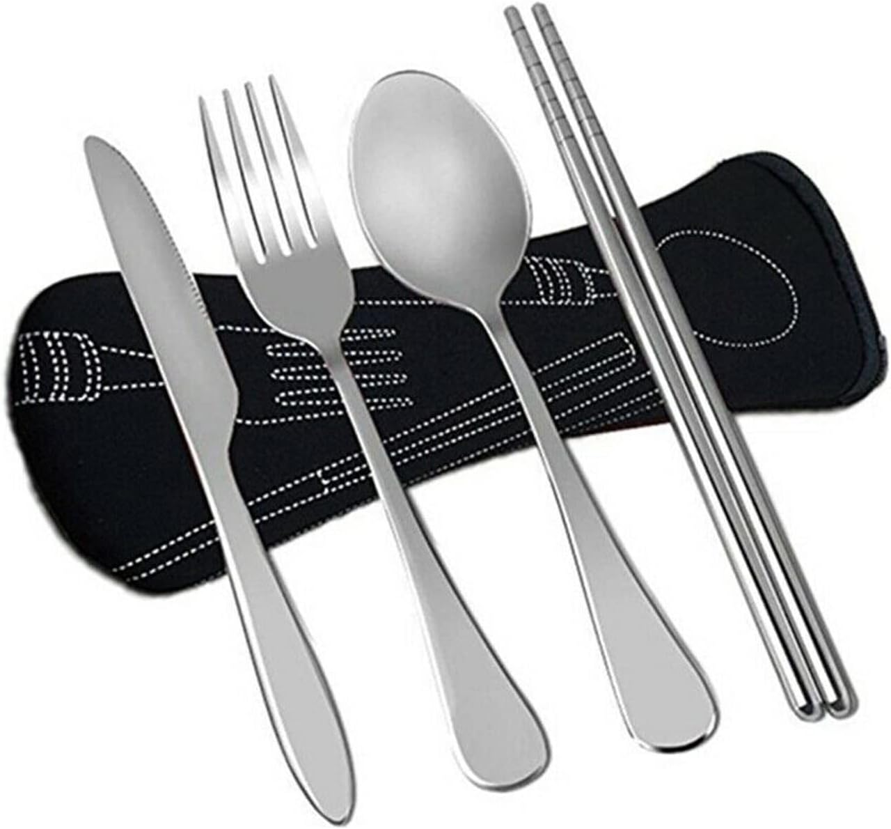 4PCS Cutlery Travel Knife Fork Portable Bag Stainlesssteel Spoon Chopstick Set Rustproof Stainless Steel Tableware Dinnerware with Carrying Case for Traveling Camping Picnic Working Hiking (Black)