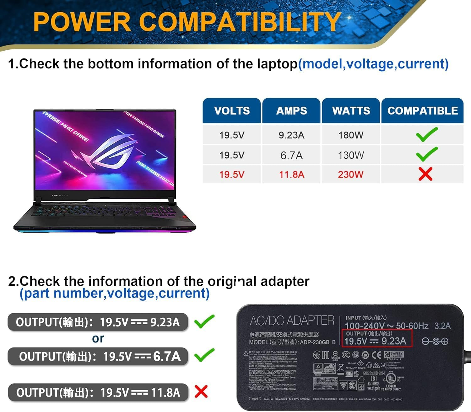 180W 150W Adapter Laptop Charger for Asus Rog Zephyrus G14 G15 Gu501Gm Ga502Du Ga502D Ga502 Ga502Iu Tuf ASUS ROG Strix Scar II Gaming 17.3'' GL704GM-DH74 GL703 GL703GM-EE063T Gaming A15 Strix G531Gt image number 1