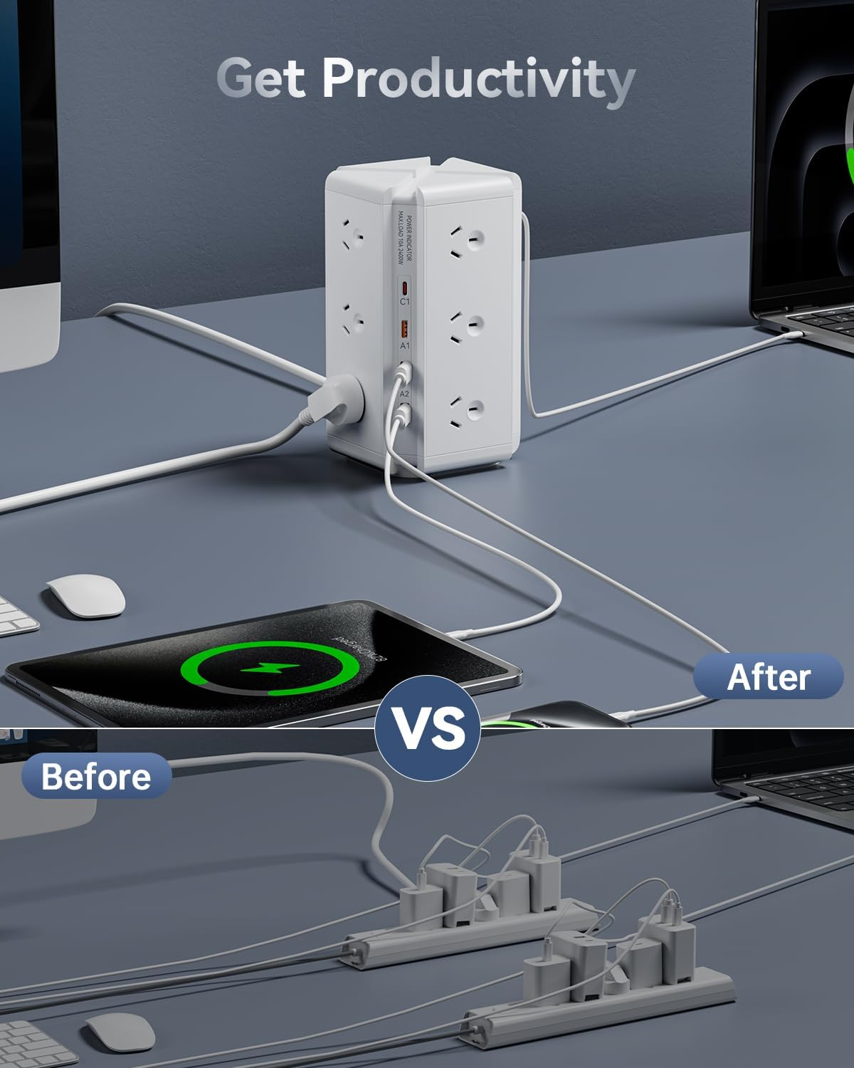 Tower Power Strip USB, USB C Powerboard Surge Protector 12-Outlet image number 2