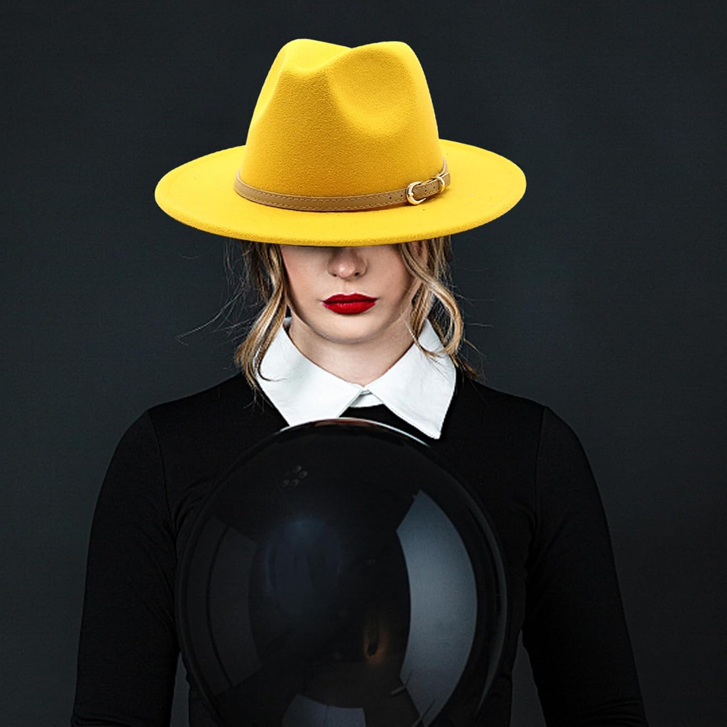 Muzrunq Felt Hats Felt Cowboy Hat with Leather Belt Wide Brim Western Hat Jazz Hats for Dress up Party Accessories Yellow Felt Hats for Women, Felt Cowboy Hat- image number 3