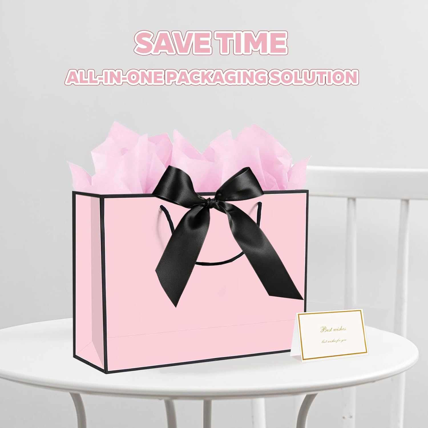 10 Pack Pink Black Bow Gift Bags with Handles, 32 X 25 X 11CM Large, Contains 20 Sheets Tissue Papers & 10 Greeting Cards for Wedding, Birthday, Valentine'S Day, Paper Bags image number 5
