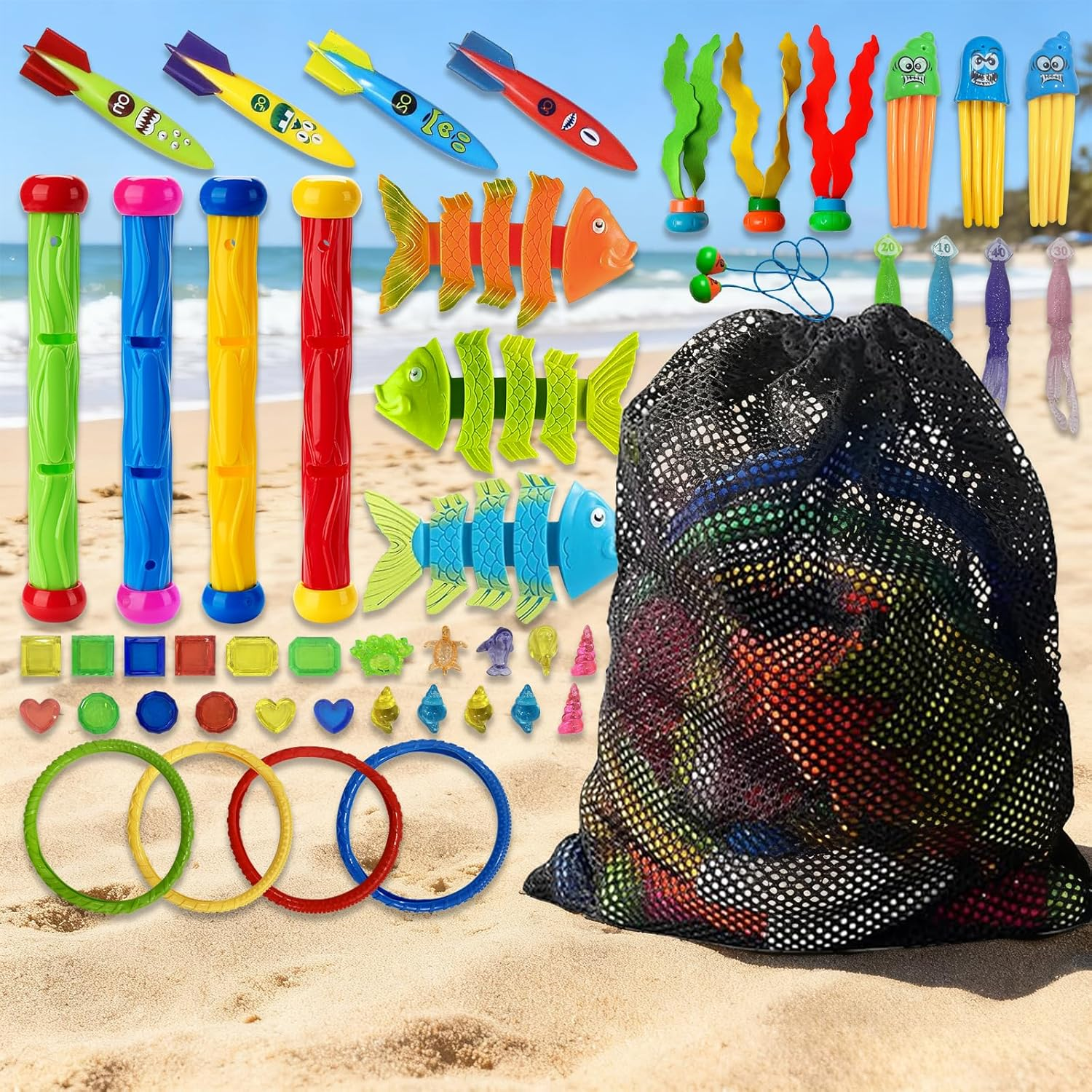 Diving Games with Storage Bag,Pool Toys Set for Kids Summer Swim Water Fish Toys (L)