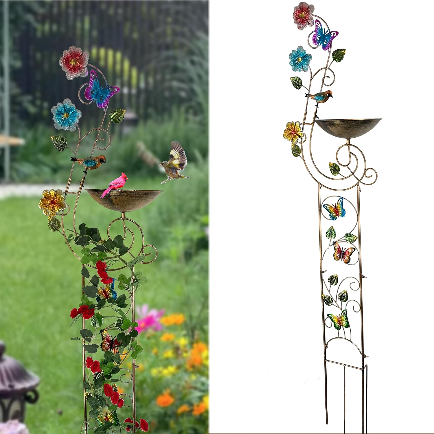 ZXMSTAR Bird Bath for Outside,Double Metal Bird Bath Feeder Bowls,Birdbath & Feeder Freestanding Birdbaths for Garden Patioyard Lawn Decor (42Inch Tall) (Double Metal Bowls) image number 4