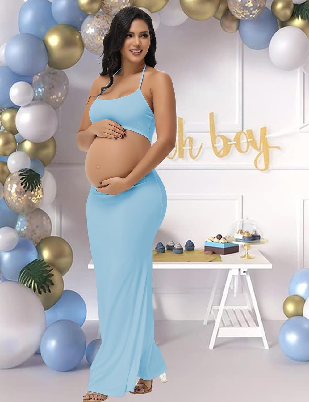 Justvh Women'S Maternity Cut Out Backless Bodycon Dress Halter Maxi Photography Pregnancy Dress for Photoshoot Baby Shower image number 1