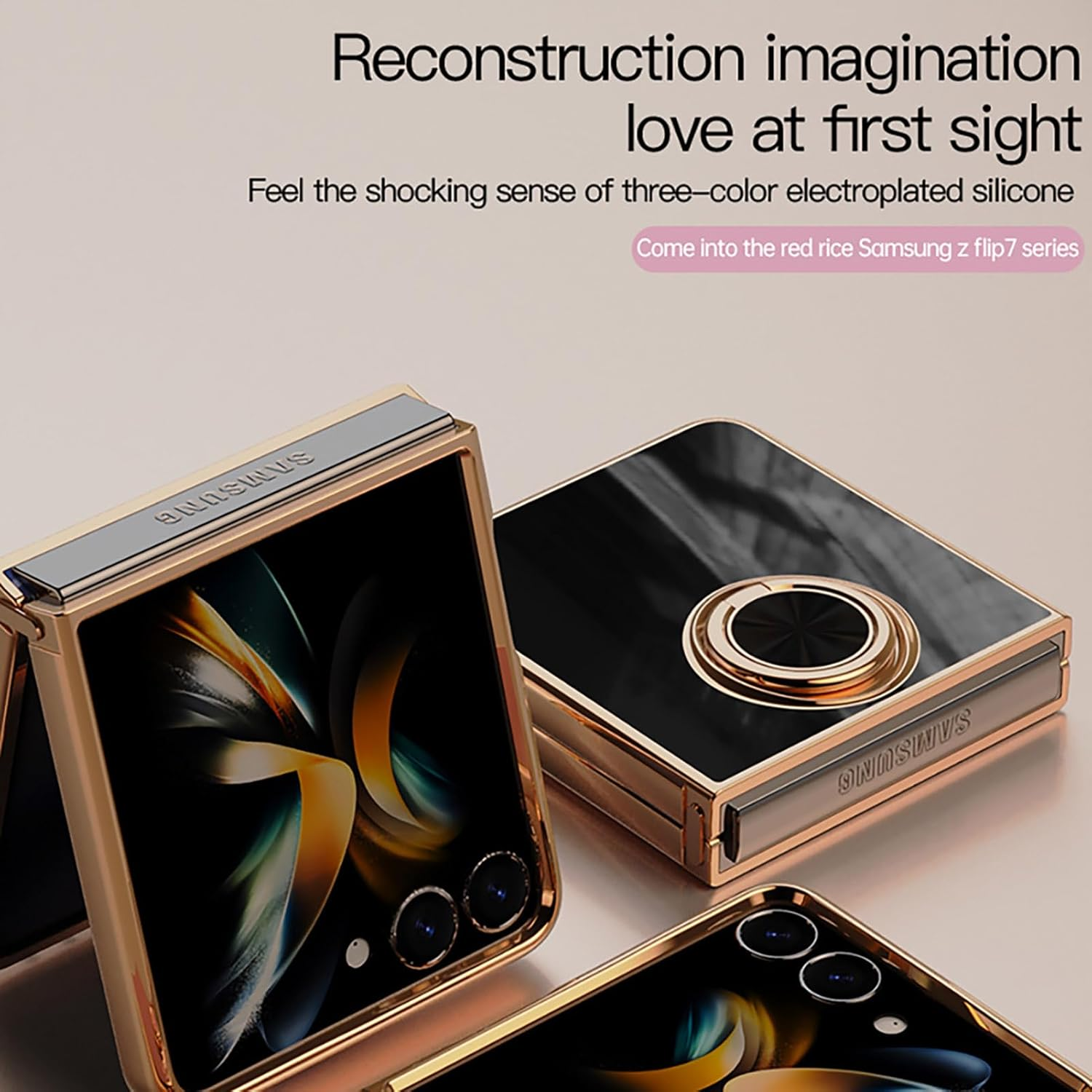 ILING Case for Samsung Galaxy Z Flip 7 5G (Z Flip7 5G) with 360 Degree Ring Stand, Luxury Galvanised Gold Trim, Soft TPU Silicone, Shockproof Protective Case, Ultra Thin Women'S Mobile Phone Case image number 5