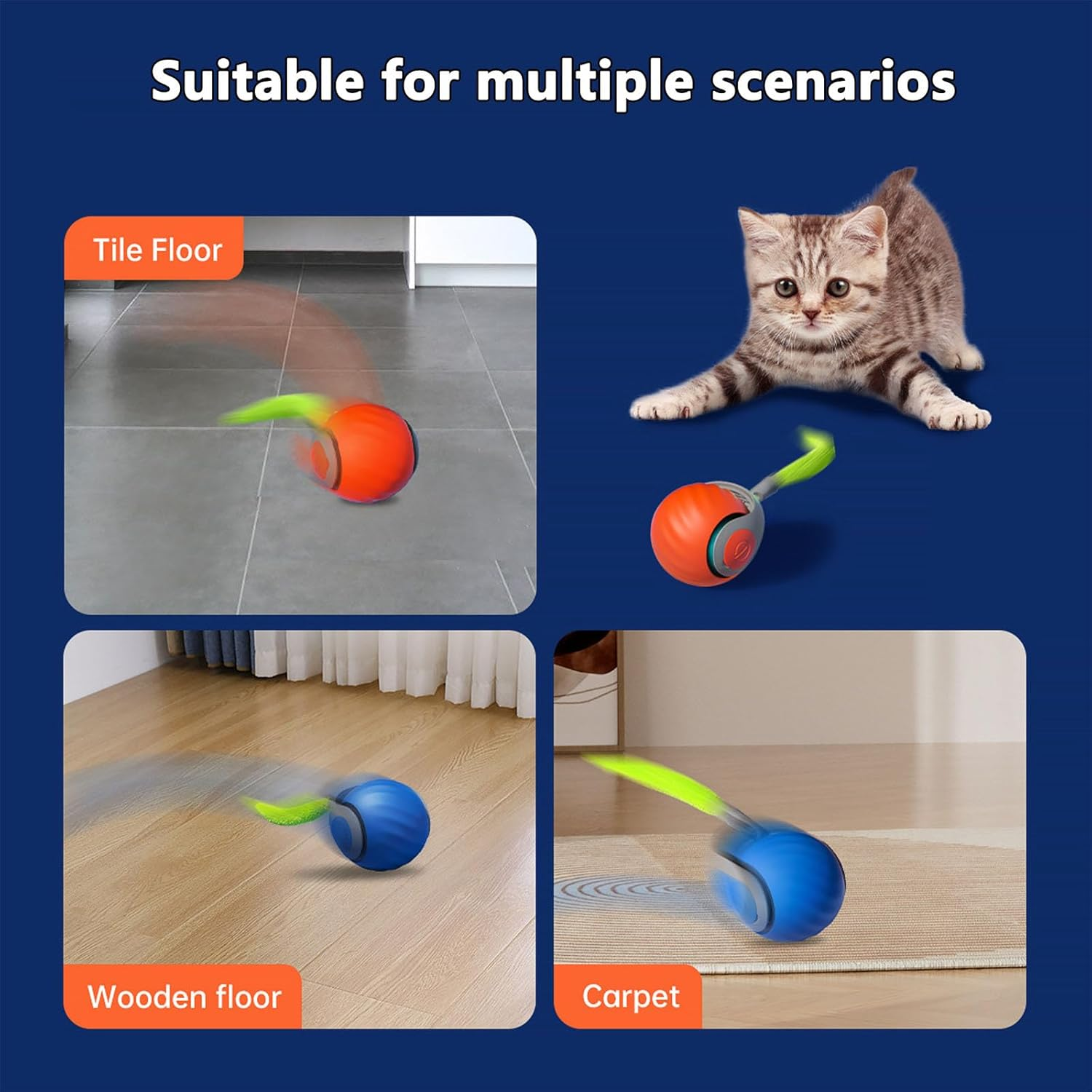 [More Tails] Speedy Tail 2.0 - with 4 Tails, Automatic Moving Cat Toy Ball with Tail, Smart Interactive Cat Toy Ball, Interactive Cats Toys for Indoor, Pet Chase Toy, Two Speed Adjustment (Blue) image number 2