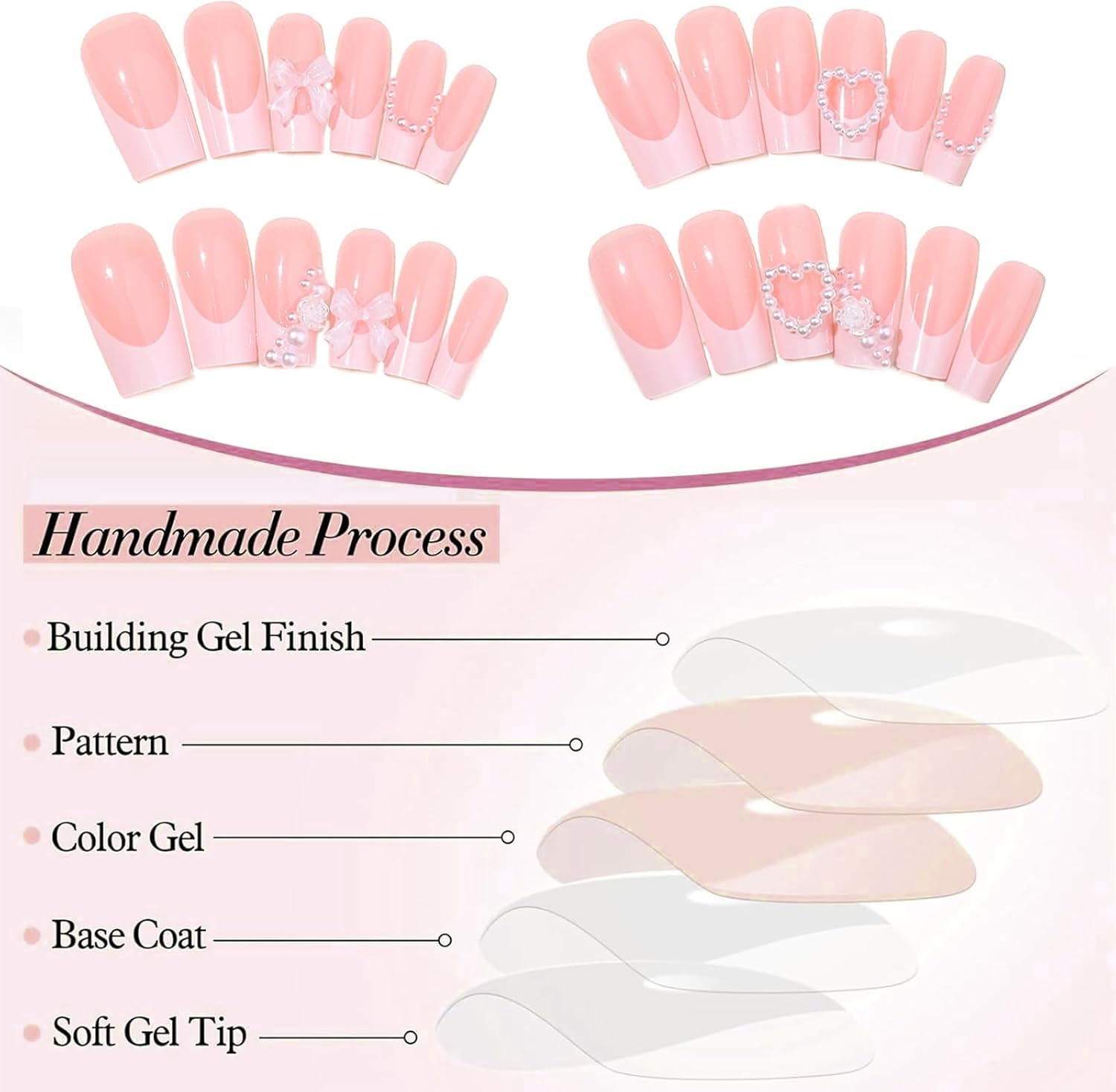 Qioon 24 Pcs French Tip Press on Nails with Charms, Medium Long Pink Coffin Fake Nails with Heart, Rose, Pearl, and Bow Designs for Women and Girls, Cute Stick on Fingernails for Daily Wear image number 4