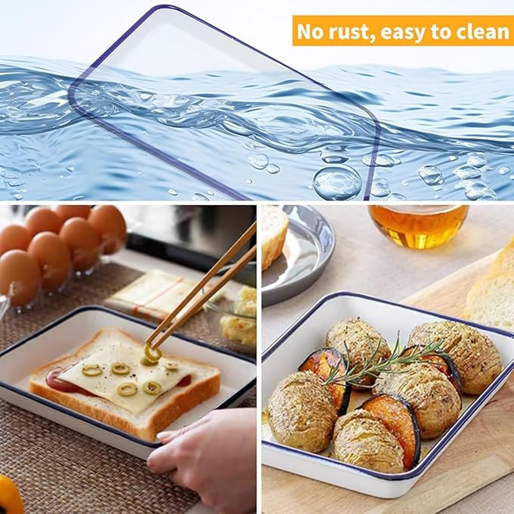 Enamel Oblong Tray - Pie Dish Container, Rectangular Plate for Fruit, Vegetable, Cake, Lasagna - Baking Pan for Oven, Stove, Dishwasher - Laboratory and Restaurant Use image number 3