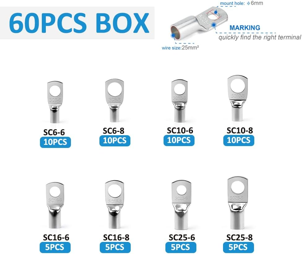 Fullfun Battery Cable Lug Crimping Tool with 60Pcs Copper Wire Lugs for Heavy Duty Wire Lugs, Battery Terminal 6-50Mm&sup2;, Wire Crimper for AWG 10-1/0 Electrical Lug