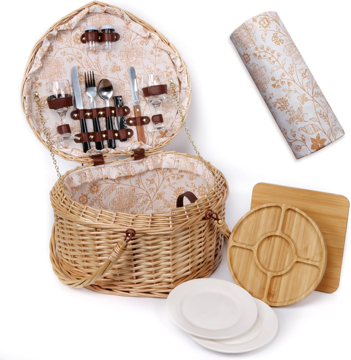 Hap Tim Heart Wicker Picnic Basket for 2 Person Set with Blanket & Bamboo Plate & Cheese Board, Couples Gifts, Wedding Gifts, Engagement Gifts (Y2405)