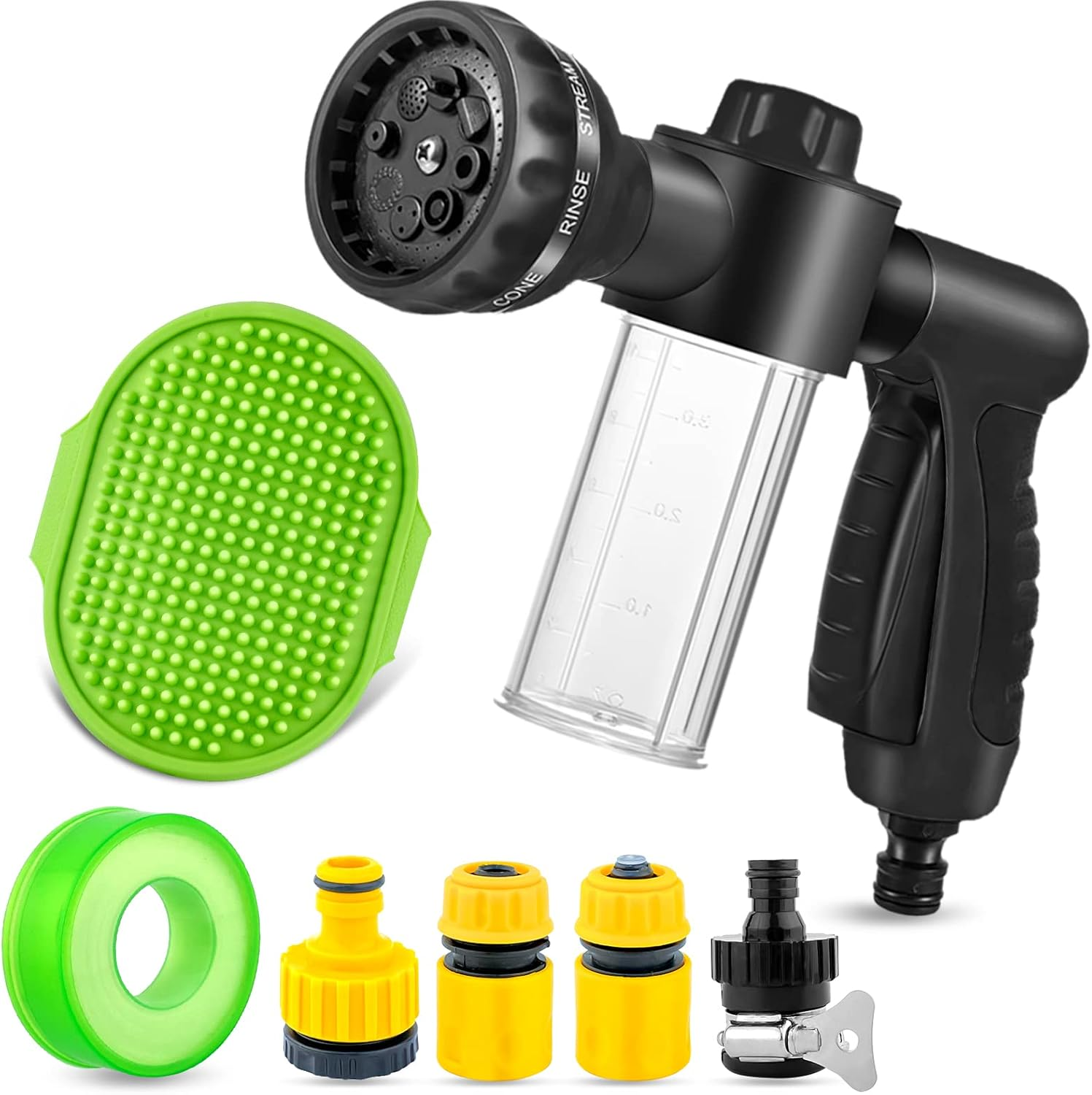 Dog Wash Attachment 8 Spray Pattern Nozzle with Bathing Brush and 3.5Oz/100Cc Soap Dispenser Bottle 3/4 in Standard Garden Hose for Pet Showering Car Washing Watering