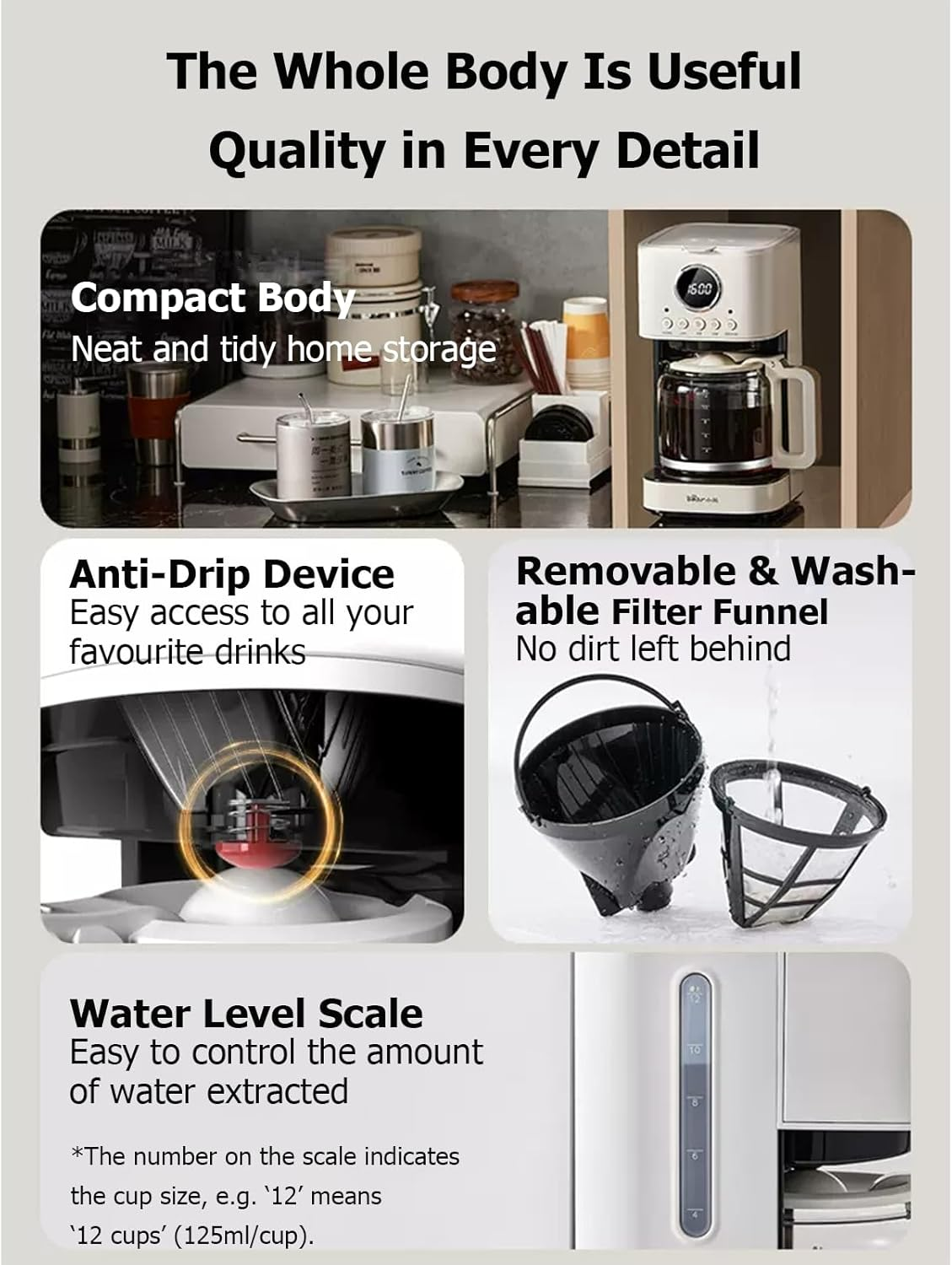 TECHBEAR Drip Coffee Maker Machine, 1.5L Programmable Coffee Machine with 24H Appointment, Regular & Strong Brew, Glass Carafe, Coffee Pot for Home, Office, Auto Shut off (CN Panel) image number 5