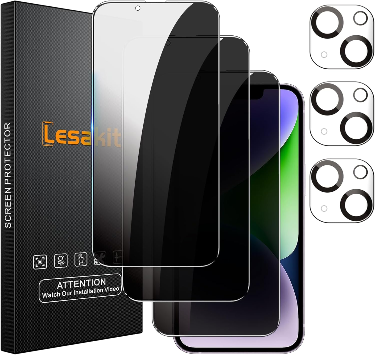 Lesakit 3+3 Pack Privacy Screen Protector for Iphone 14 plus 6.7-Inch with 3 Pack Camera Lens Protector, anti Spy Tempered Glass Film 9H Hardness Bubble Free Case Friendly image number 4