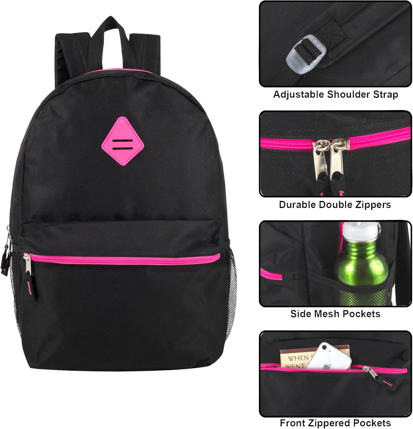 Large School Backpacks with Mesh Side Pockets &ndash; Classic 19 Inch Solid Color Backpacks for Kids, Men, Women, Travel - Black  Yellow image number 5