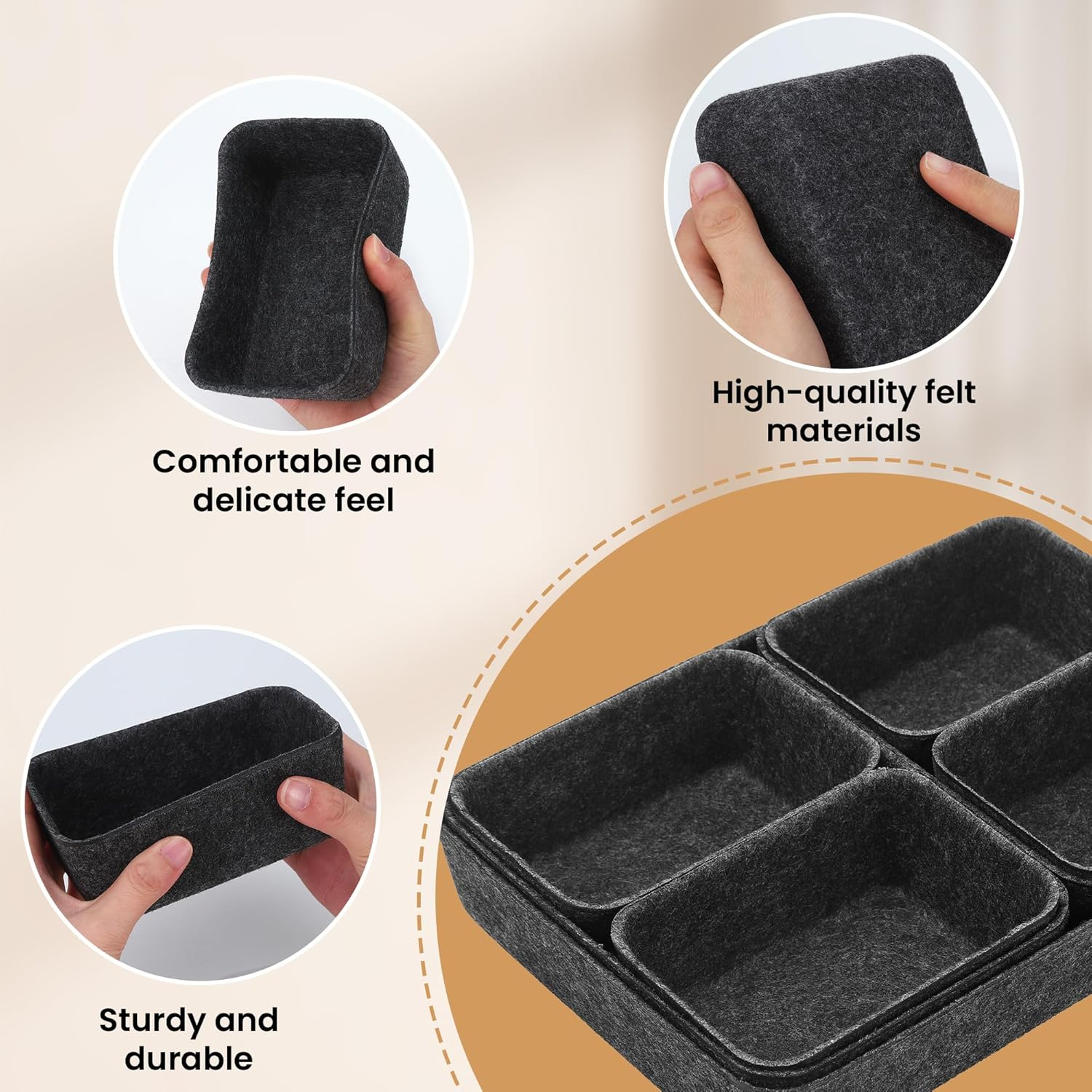 Hejo Set of 7 Felt Drawer Organiser, Drawer Organiser System, Thickened Drawer Insert, Felt Storage Box, Flexible Felt Box for Bedroom, Office, Changing Table (Dark Grey)