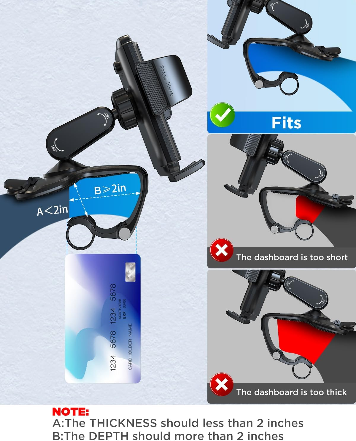 IPOW Car Dashboard Phone Clip Holder, 360 Degrees Rotation Dash Steering Wheel Phone Clamp Mount Compatible with Iphone 16 15 14 13 Pro Max and 4-7 Inch Smartphones (Black) image number 6