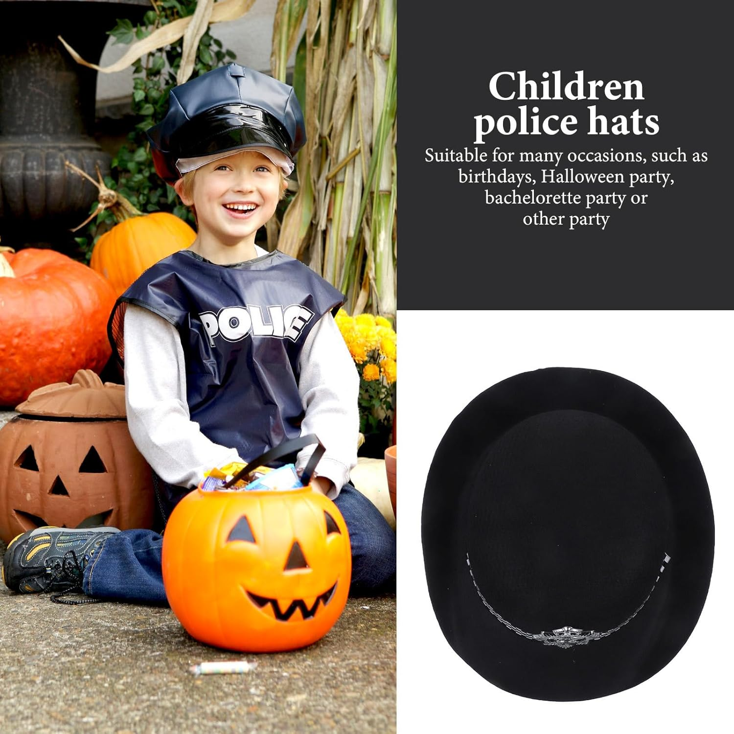 Alasum 2Pcs Kids Police Hats - Felt Cloth Black Policeman Caps for Halloween, Cosplay, Party, Stage Performance image number 4