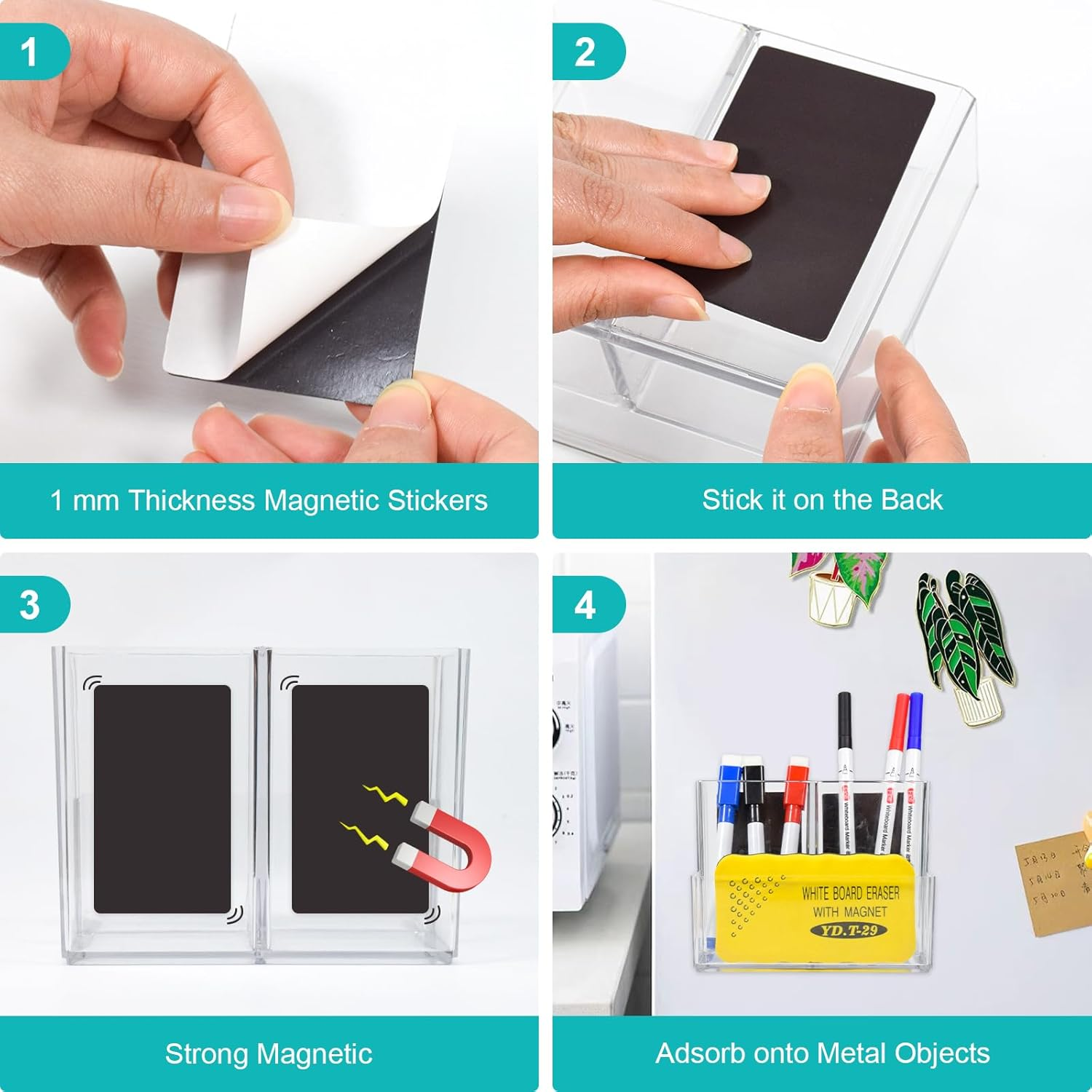 SAYEEC 2 Pack Acrylic Pen Holder Magnetic Dry Erase Marker Holder with 4 Magnet Sheets 3 Compartments Clear Desk Makeup Brush Organizer Pencil Cup Caddy for Fridge Whiteboard Cosmetic Office School image number 1