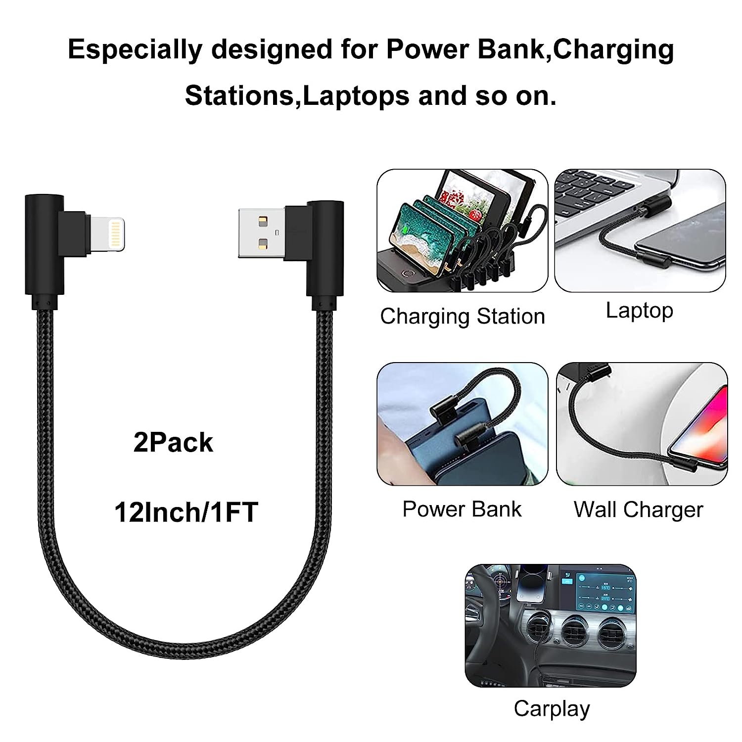 Osecet Iphone Charger 1Ft 90 Degree 2 Pack Mfi Certified Elbow Short Lightning Cable Right Angle Fast Charging Cord for Iphone 14 13 12 11 Pro X XS XR 8 plus 7 6 5 (Black,1 Foot) image number 2